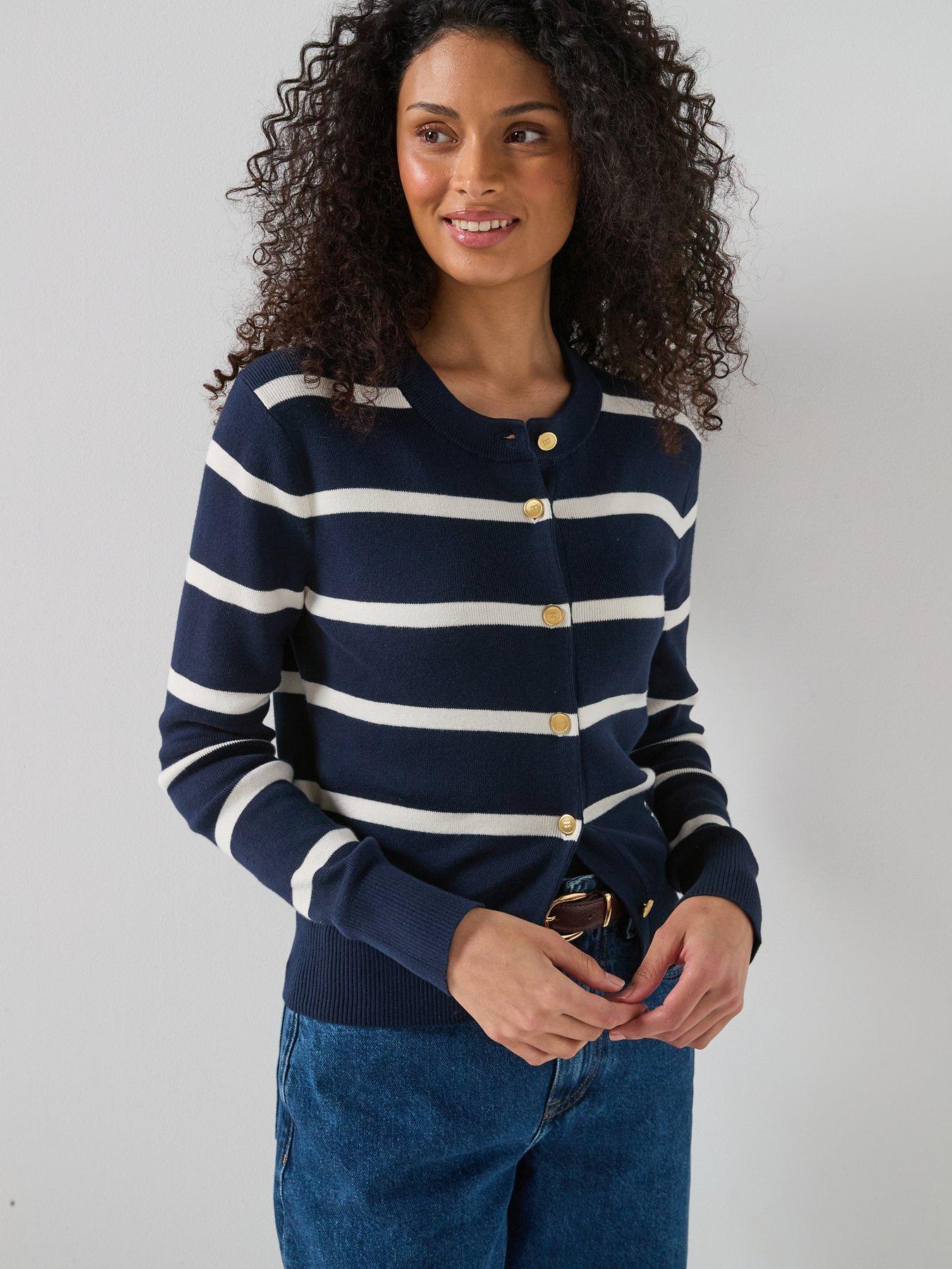 Image 6 of 6 of Tommy Hilfiger Crew Neck Long Sleeve Striped Cardigan - Navy