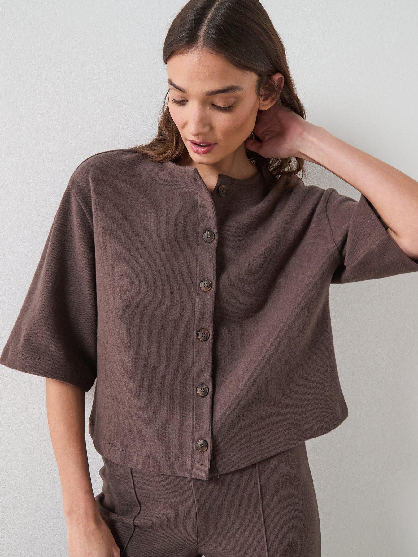 the-very-collection-button-through-short-sleeve-top-brownfront