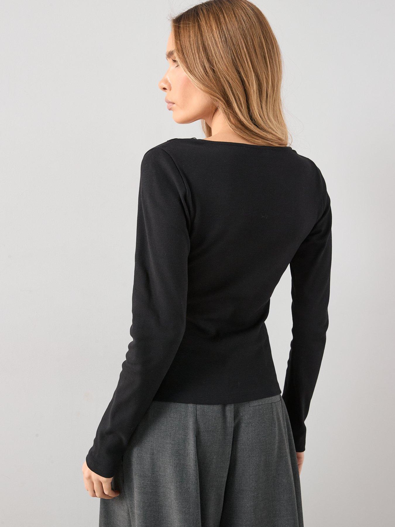 Image 2 of 6 of The Very Collection Lace Trim V Neck Top - Black