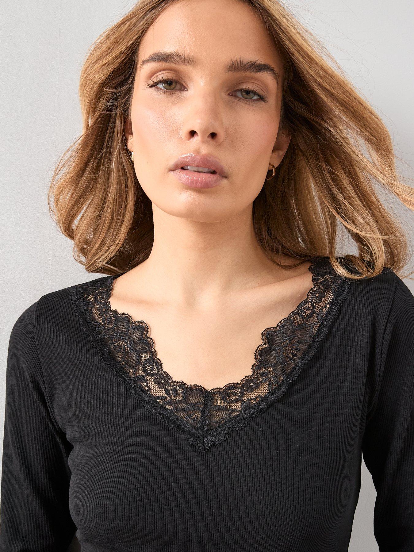 Image 4 of 6 of The Very Collection Lace Trim V Neck Top - Black