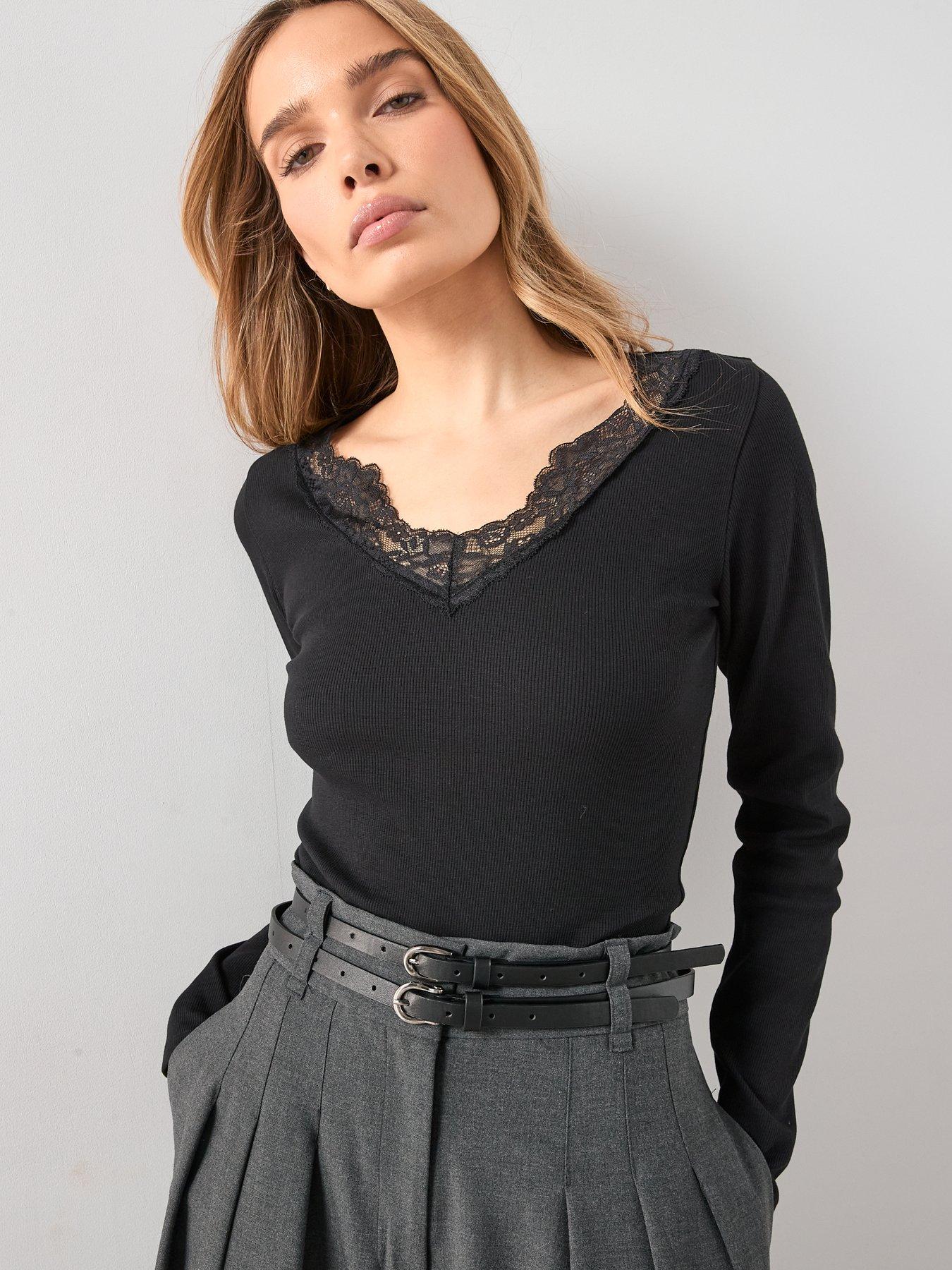 Image 5 of 6 of The Very Collection Lace Trim V Neck Top - Black