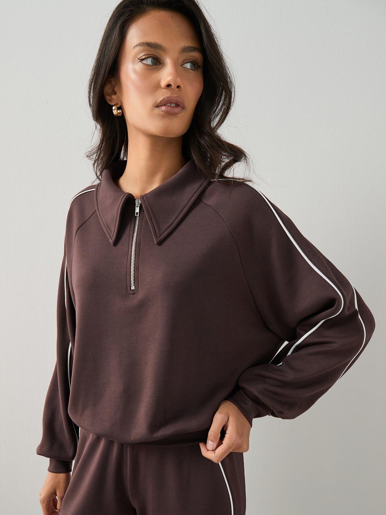 The Very Collection 1/4 Zip Piping Detail Co-Ord Top - Brown
