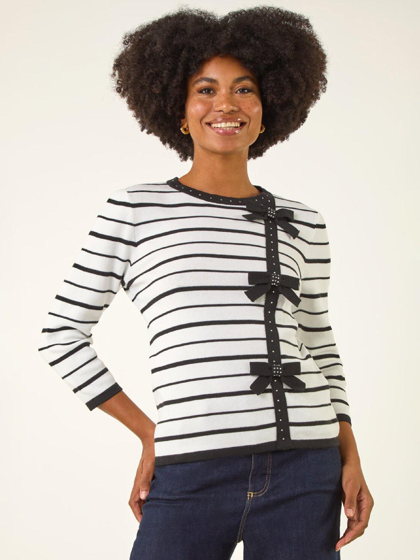 Roman Stripe Bow Detail Knit Jumper - Ivory
