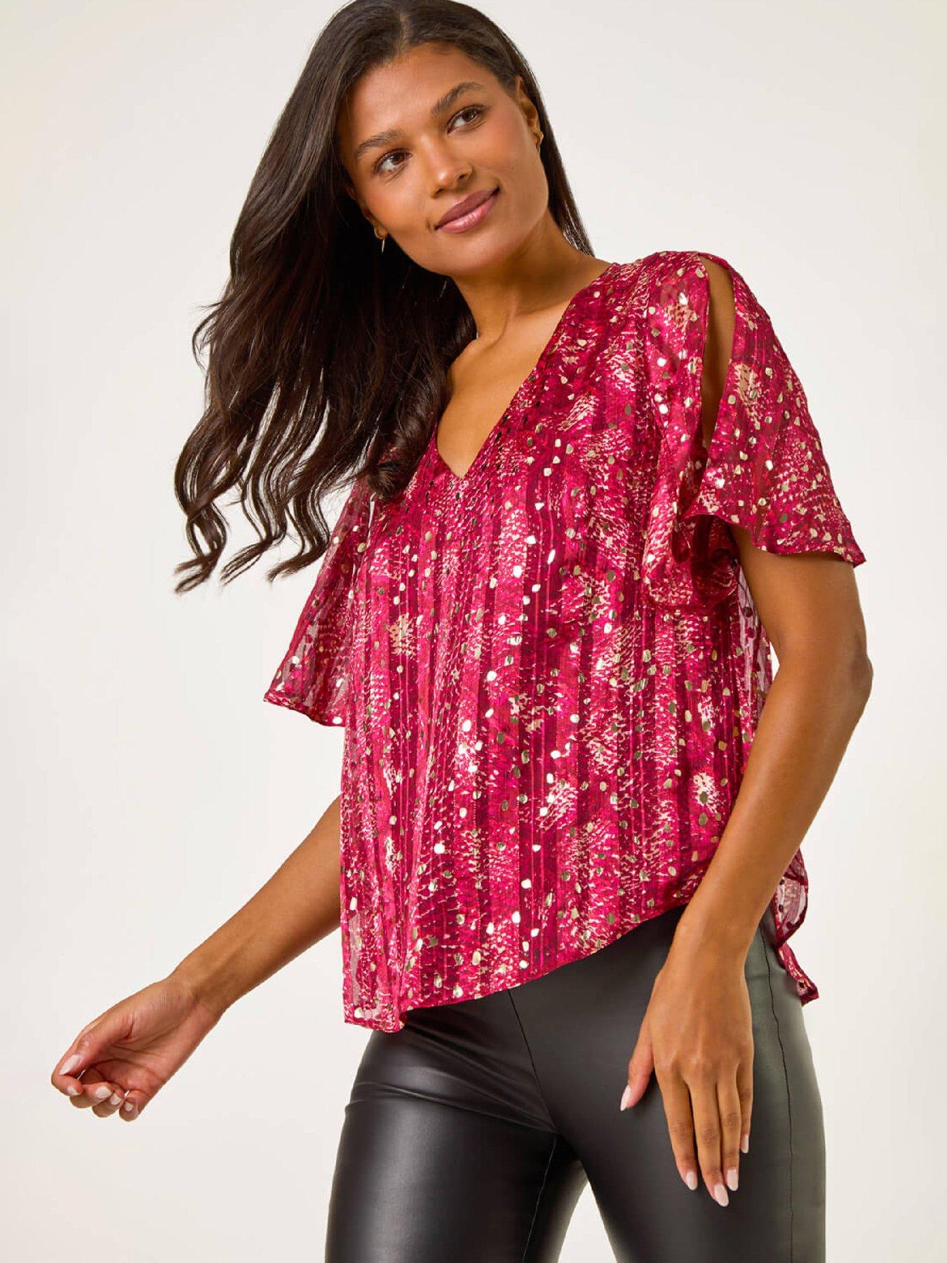 roman-metallic-angel-sleeve-v-neck-top-red
