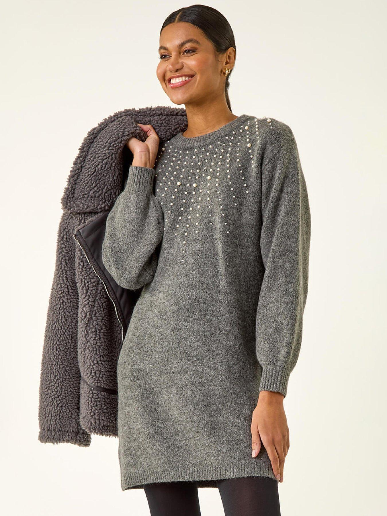 Image 1 of 5 of Roman Faux Pearl Knit Dress - Grey
