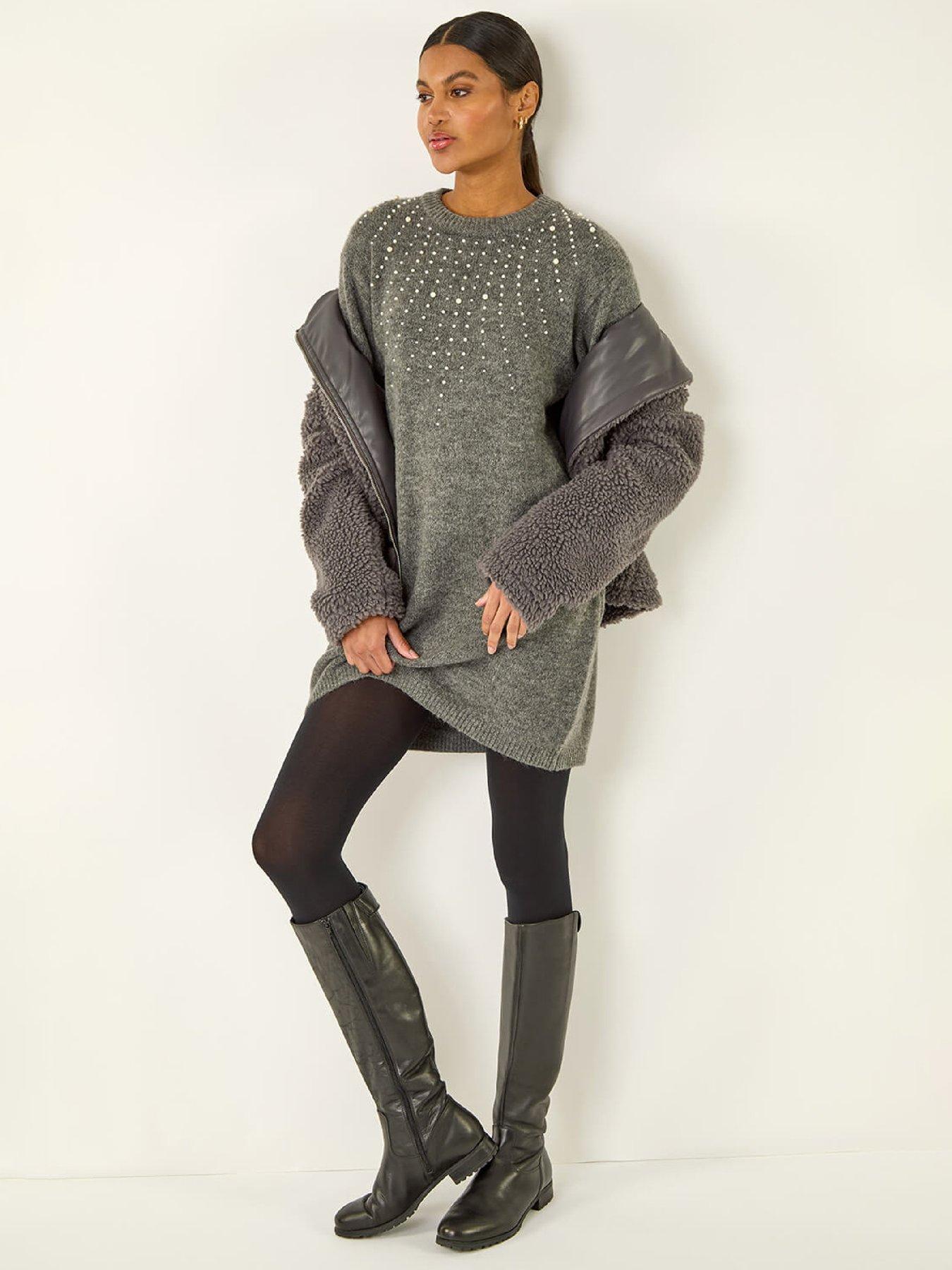 Image 3 of 5 of Roman Faux Pearl Knit Dress - Grey