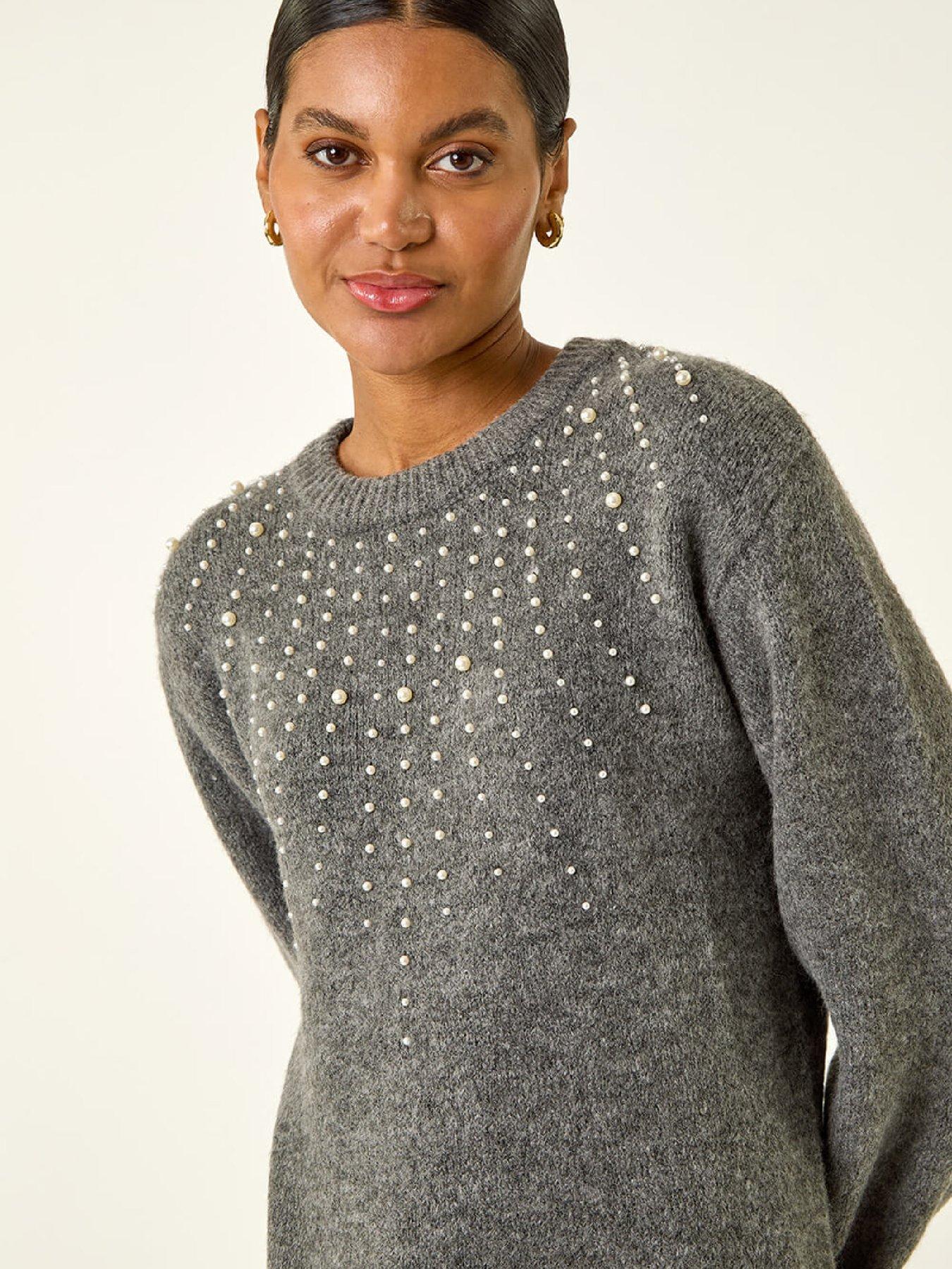 Image 4 of 5 of Roman Faux Pearl Knit Dress - Grey