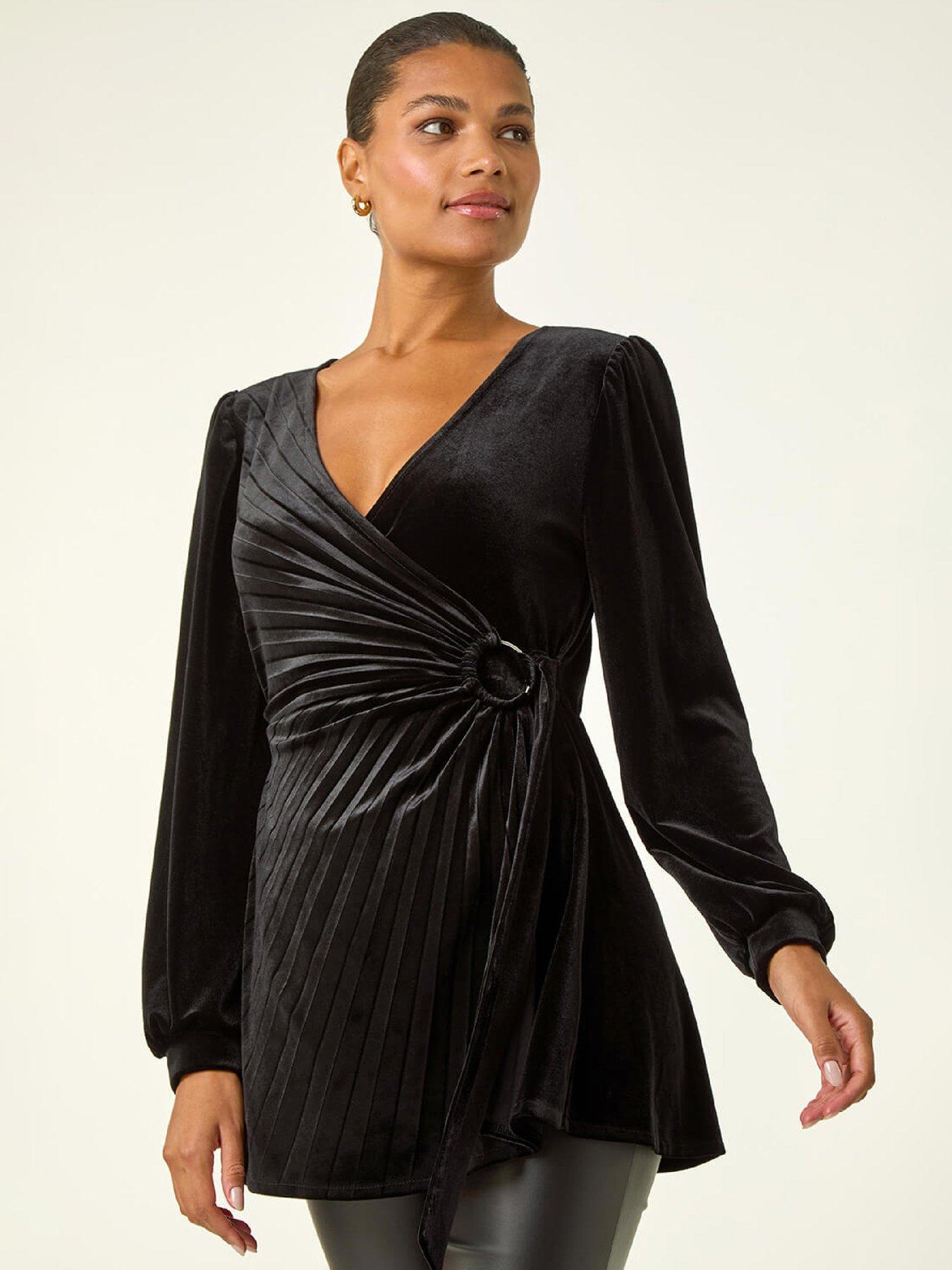 Image 1 of 5 of Roman Velvet Pleated Wrap Top - Black