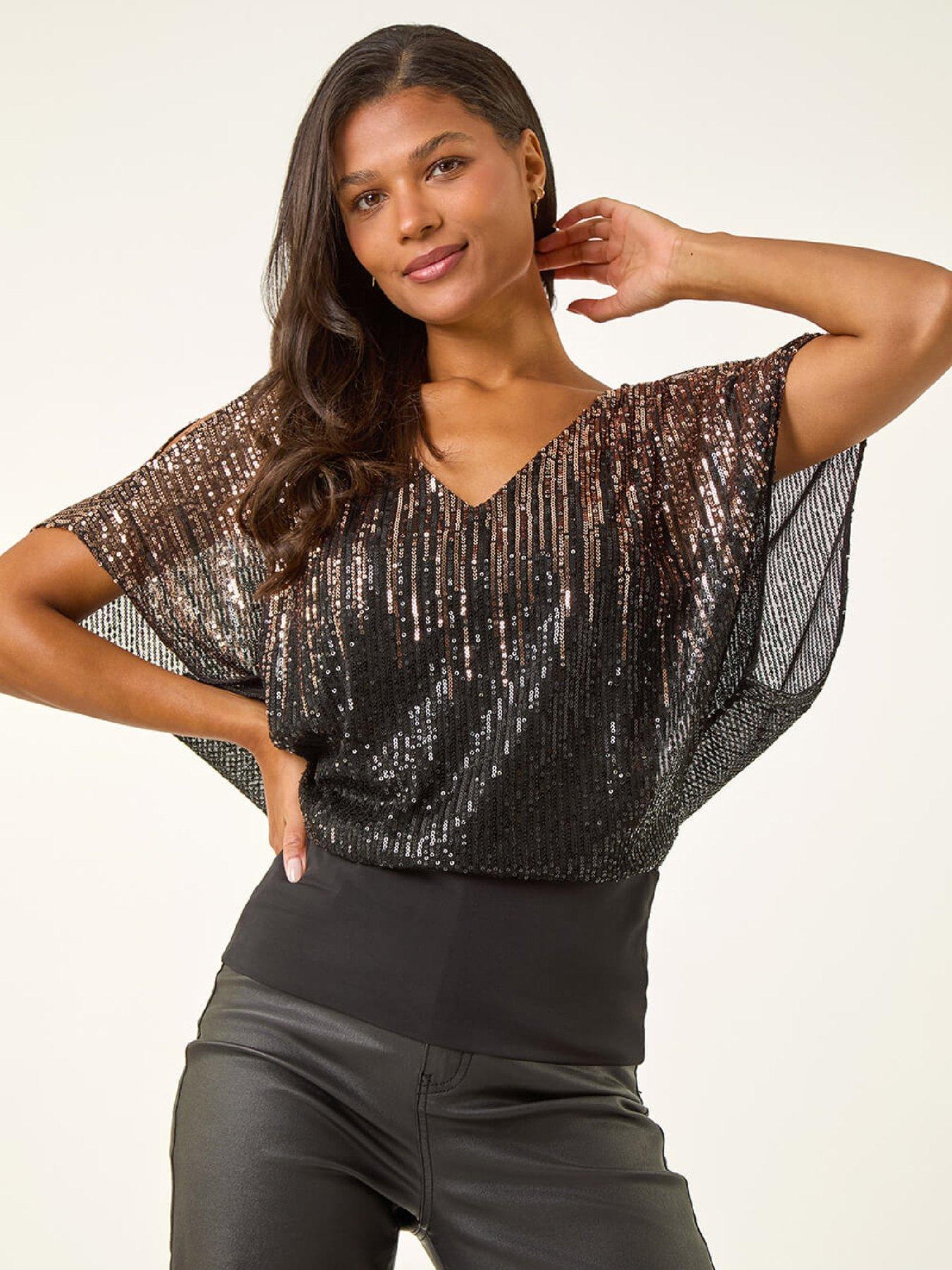 Roman Ombre Mesh Sequin Bow Back Top - Bronze