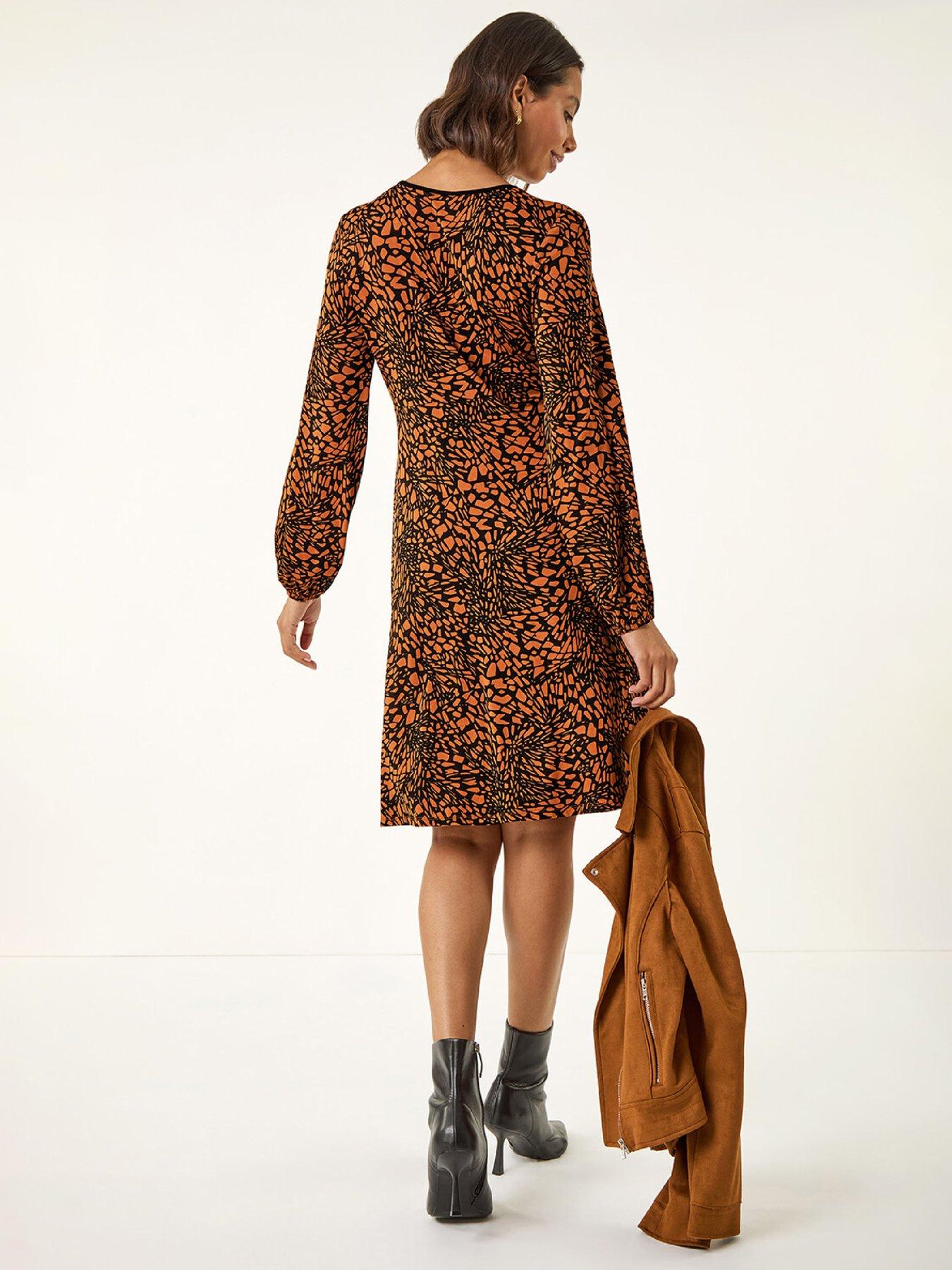 roman-abstract-print-gathered-stretch-dress-tanstillFront