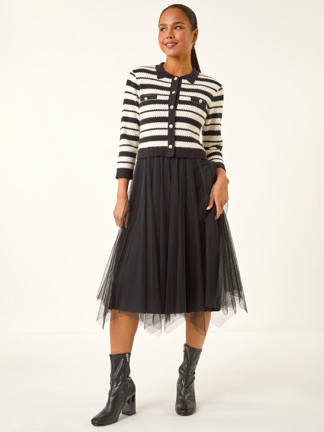 roman-petite-stripe-knit-midi-dress-blackfront