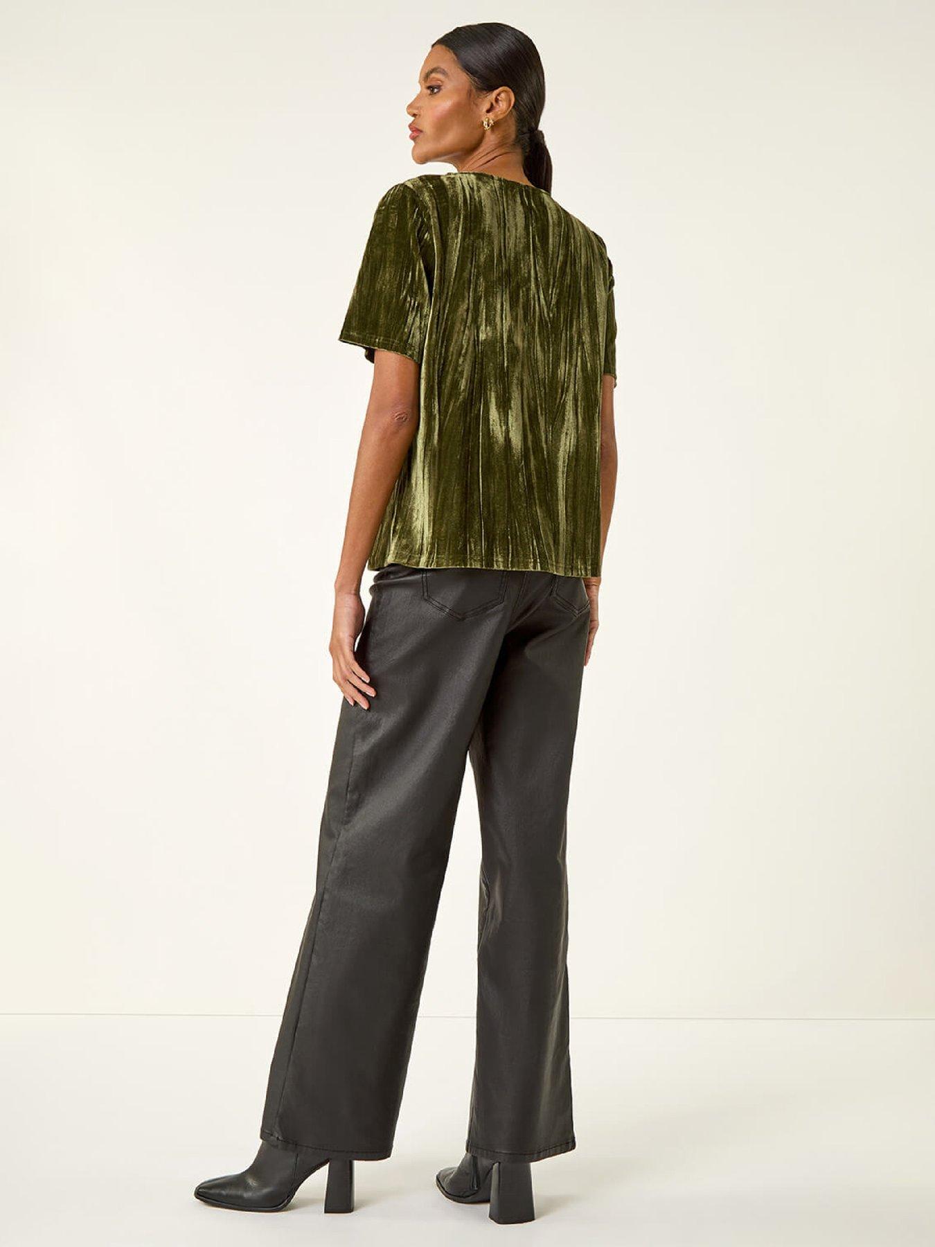 roman-pleated-velvet-stretch-top-greenstillFront