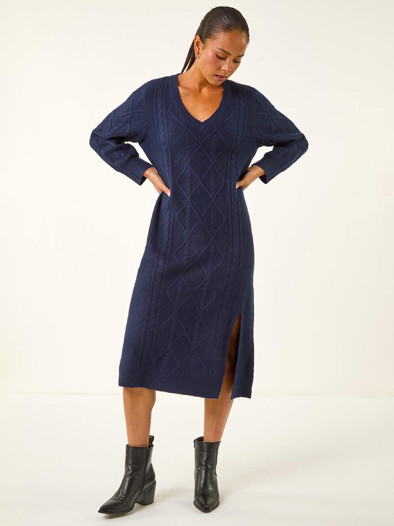Roman Petite V-neck Knit Midi Dress - Navy
