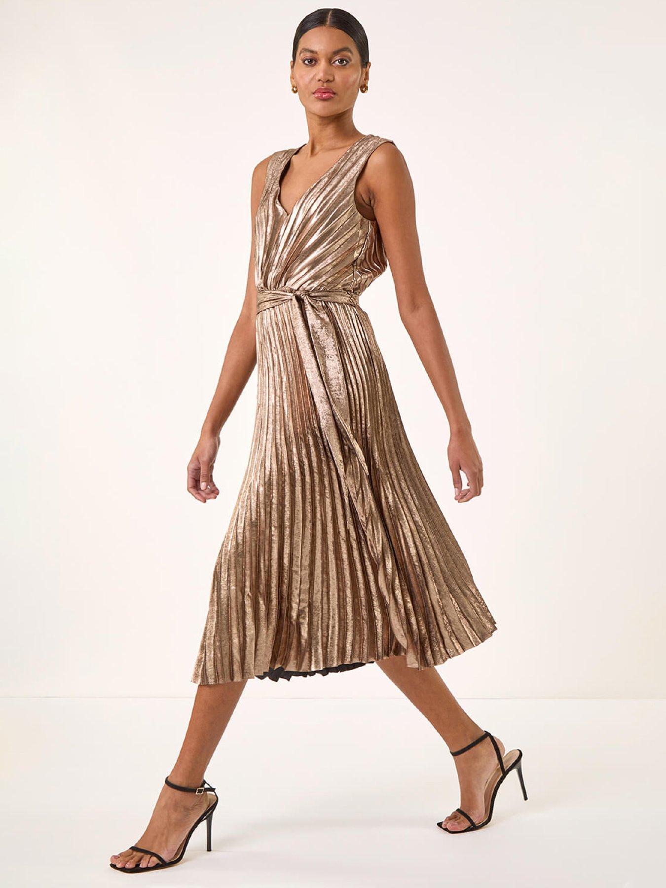 roman-metallic-pleat-belted-midi-dress-gold