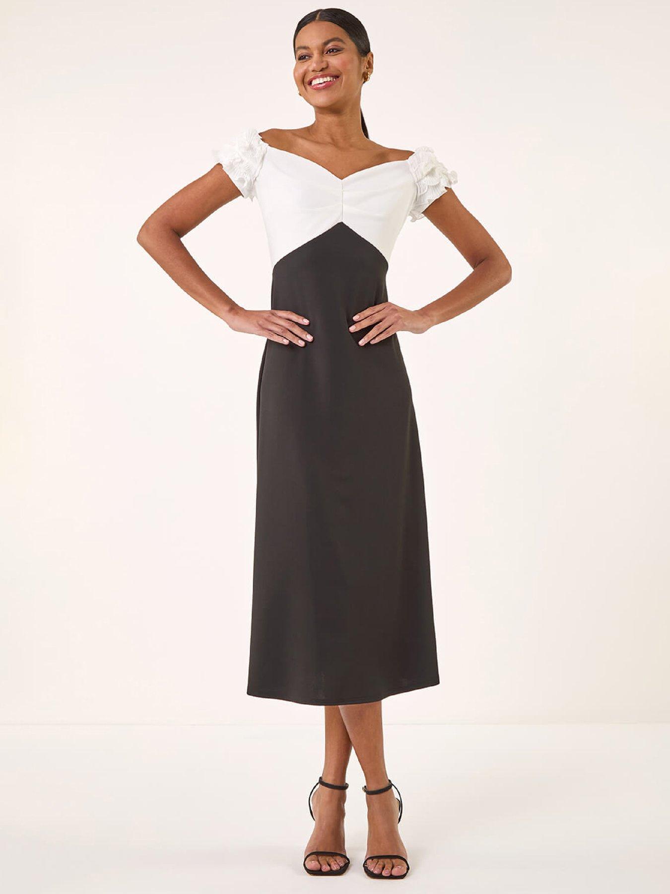 Roman Frill Contrast Bardot Dress - Black