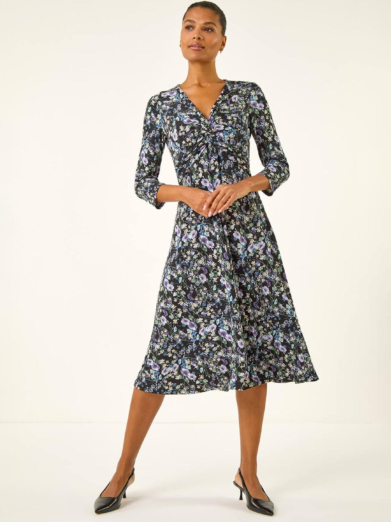 Roman Floral Twisted Front Stretch Midi Dress - Purple