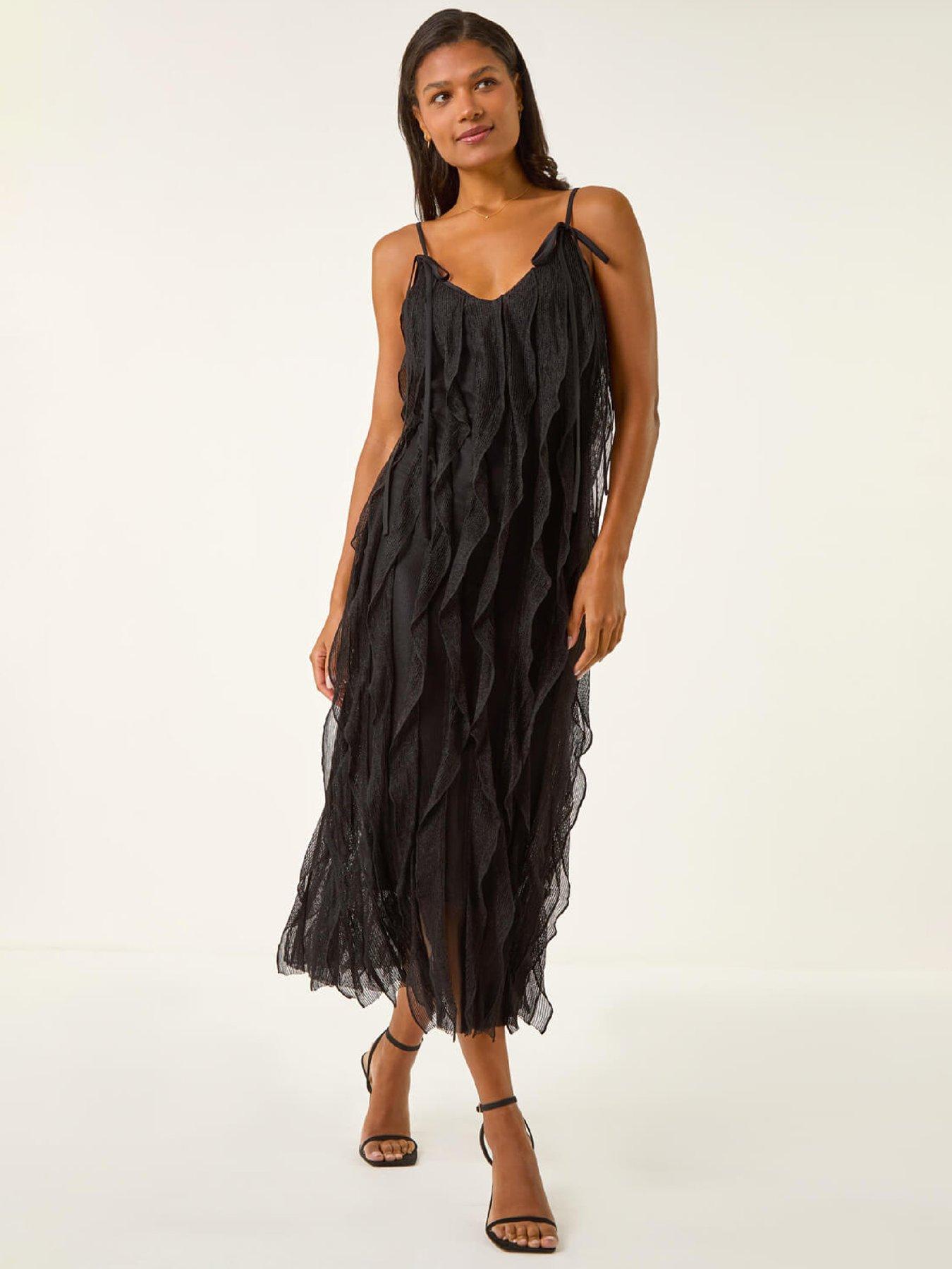 Image 1 of 4 of Roman Dusk Frill Stretch Maxi Dress - Black