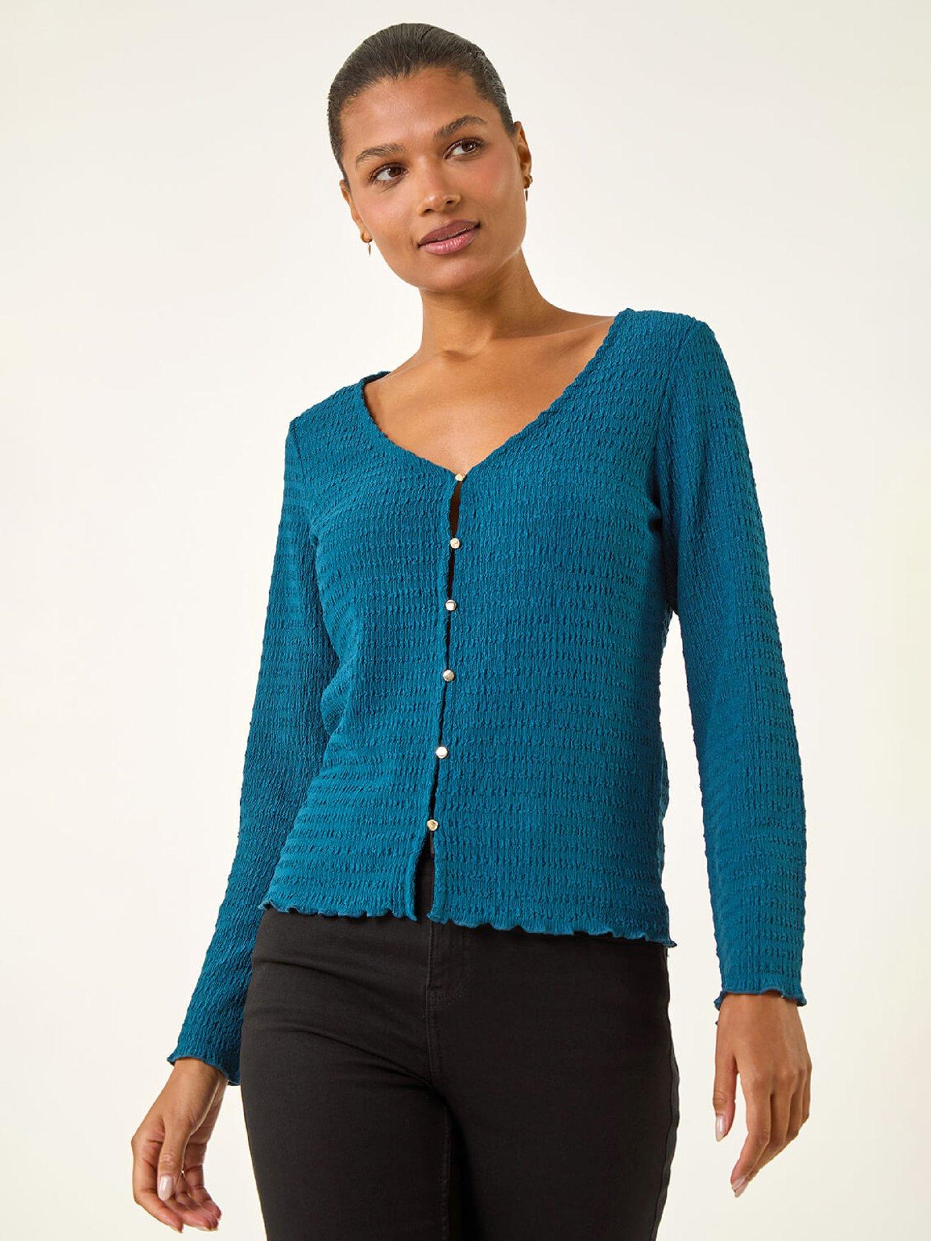 roman-textured-v-neck-blouse-tealfront