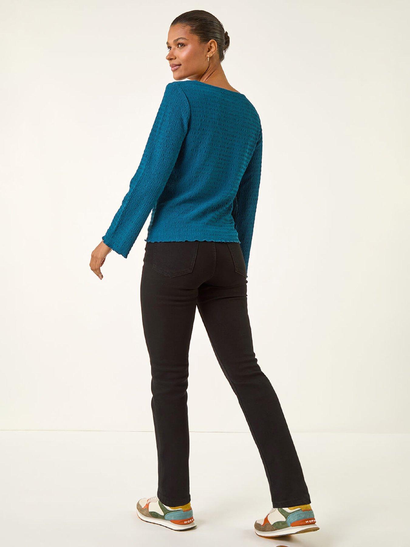 roman-textured-v-neck-blouse-tealstillFront