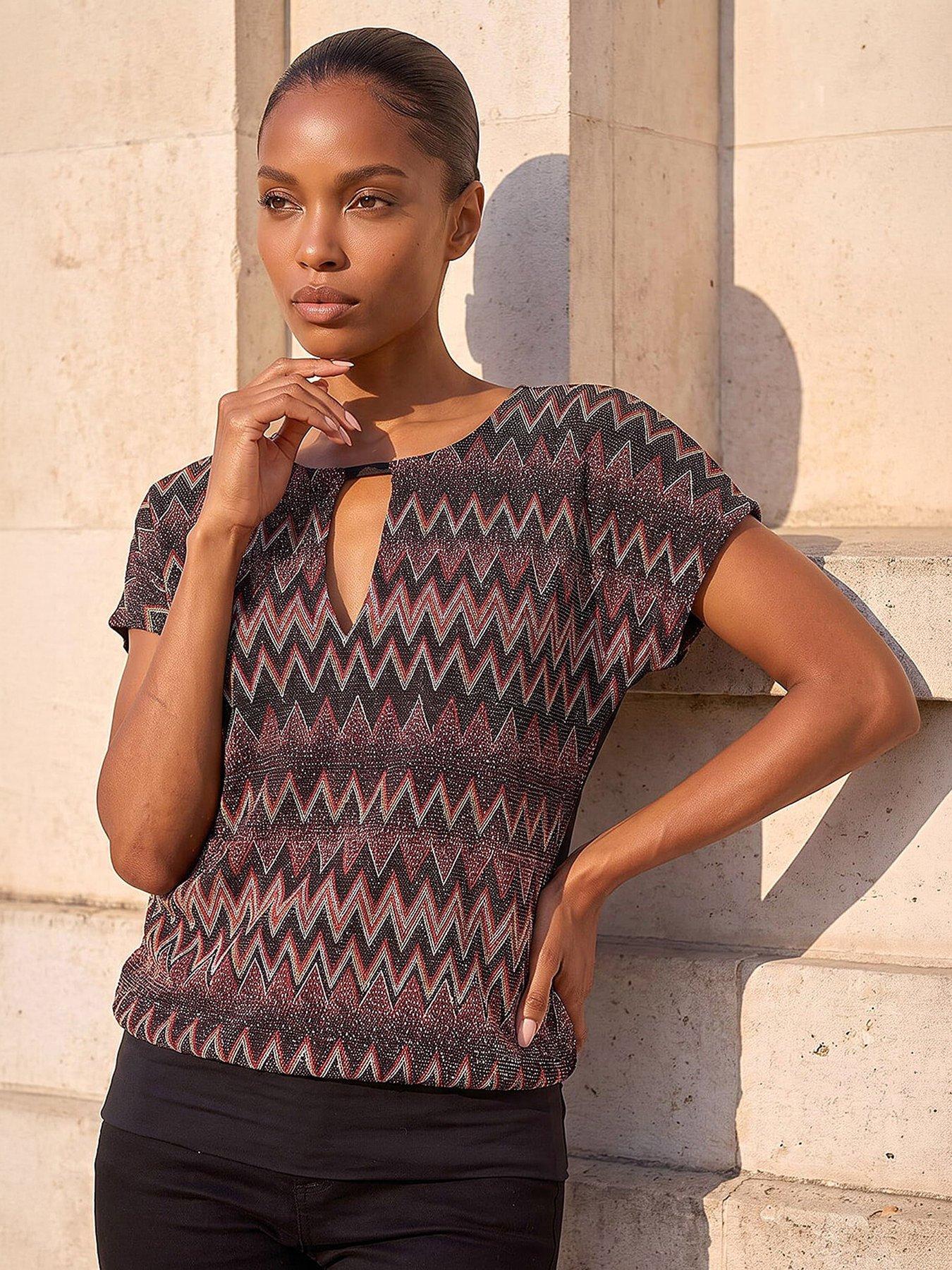Roman Zig Zag Print Bubble Hem Top - Bronze