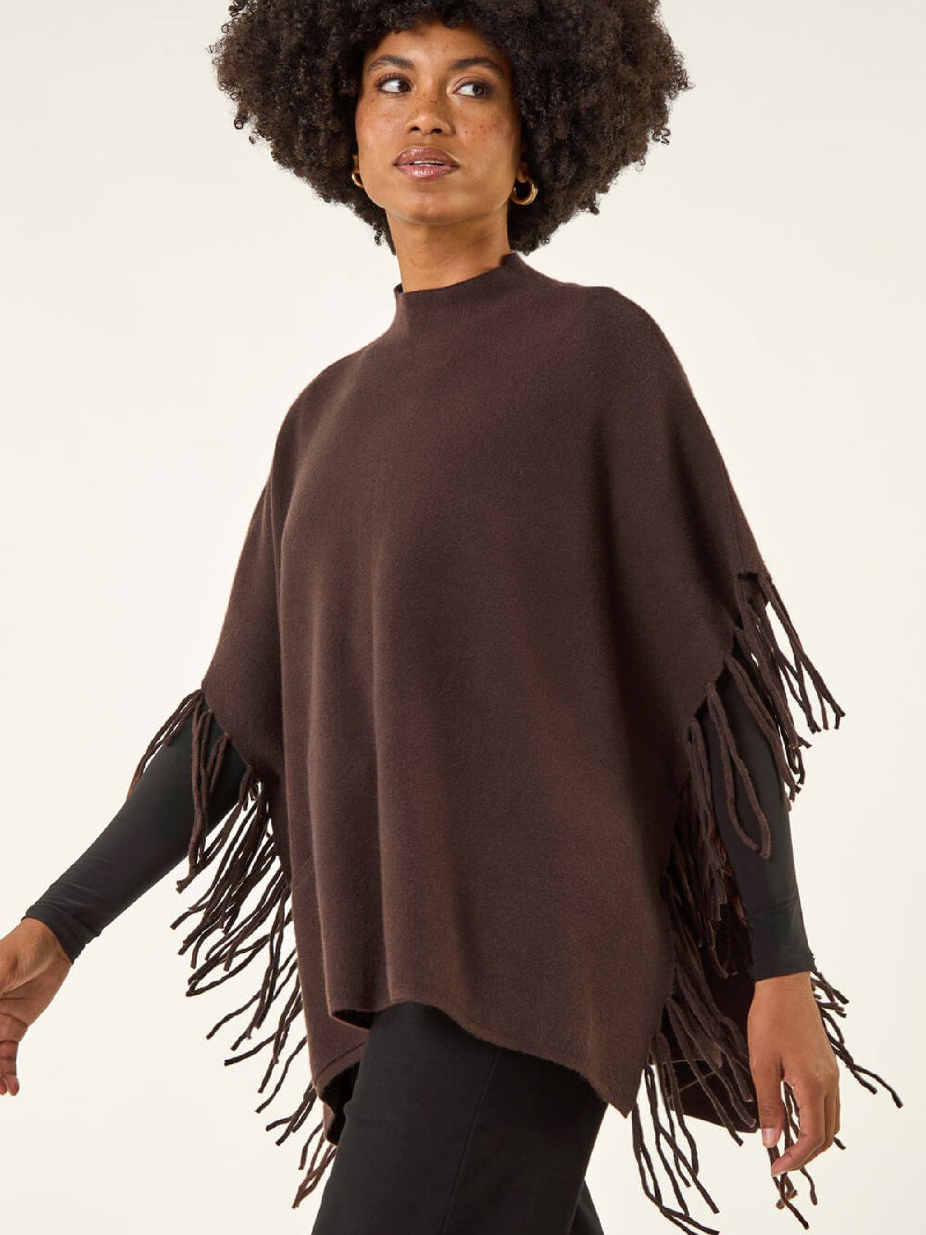 Image 1 of 5 of Roman Fringe Hem Knit Poncho - Chocolate
