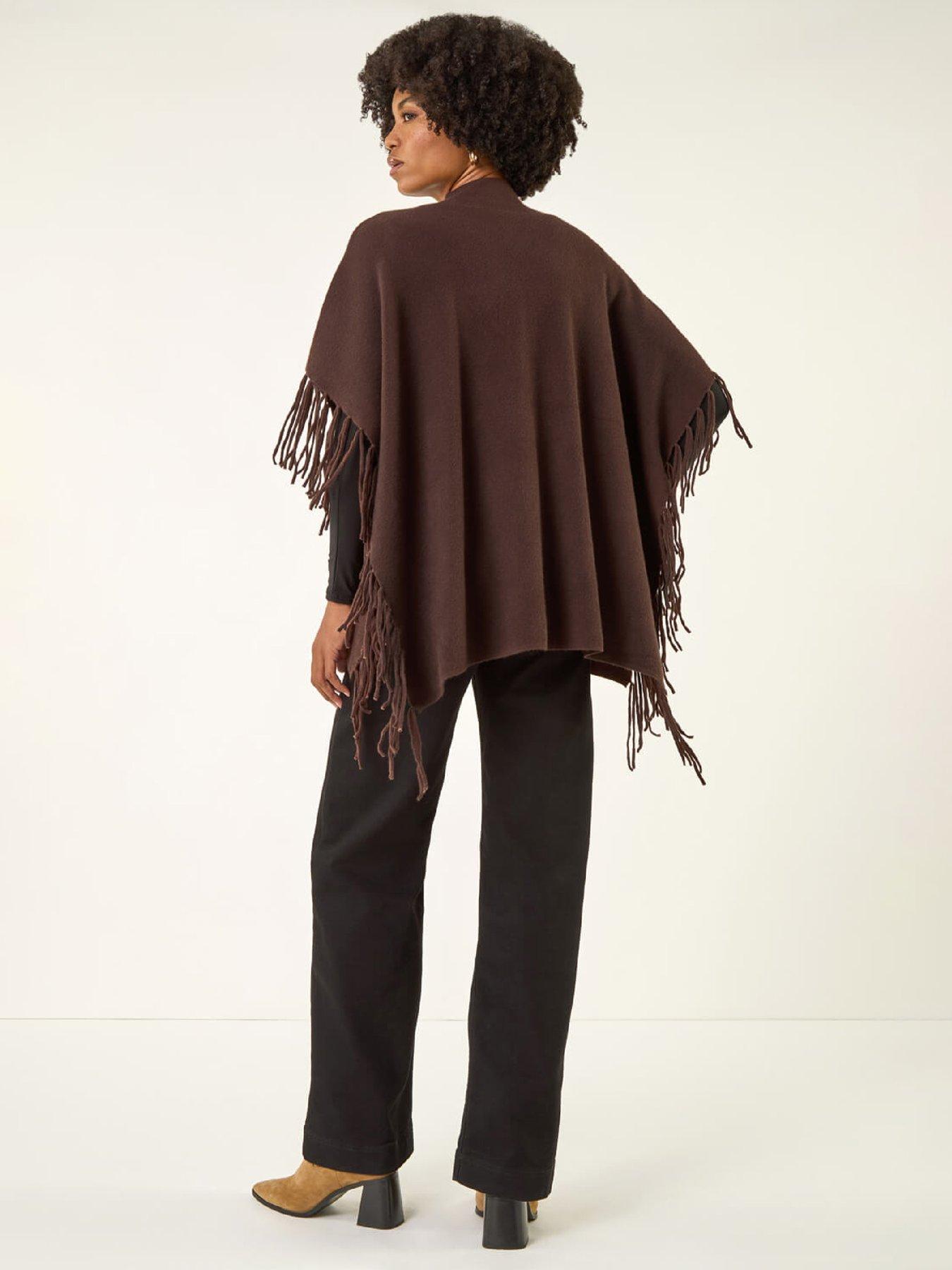 Image 2 of 5 of Roman Fringe Hem Knit Poncho - Chocolate