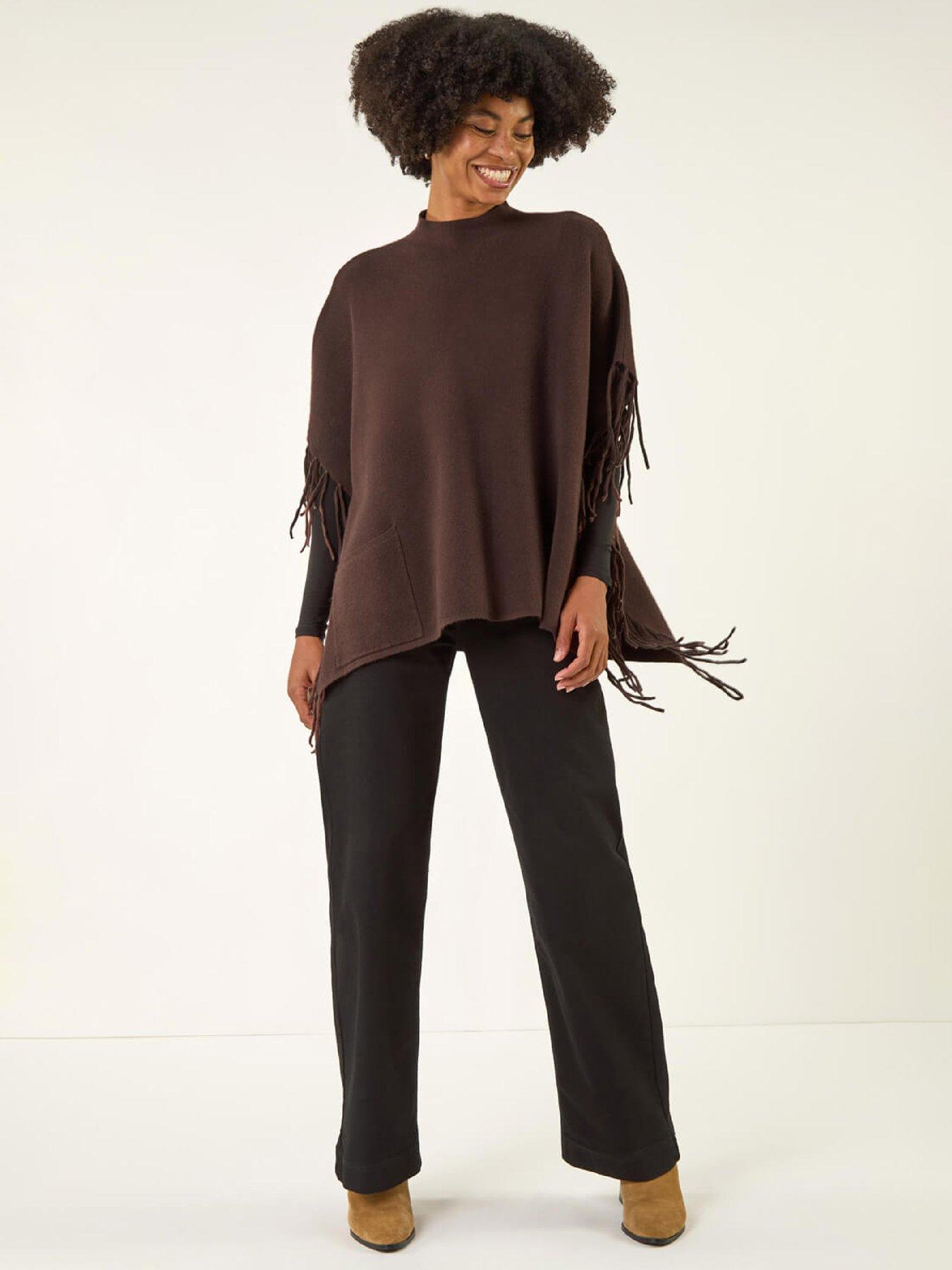 Image 3 of 5 of Roman Fringe Hem Knit Poncho - Chocolate