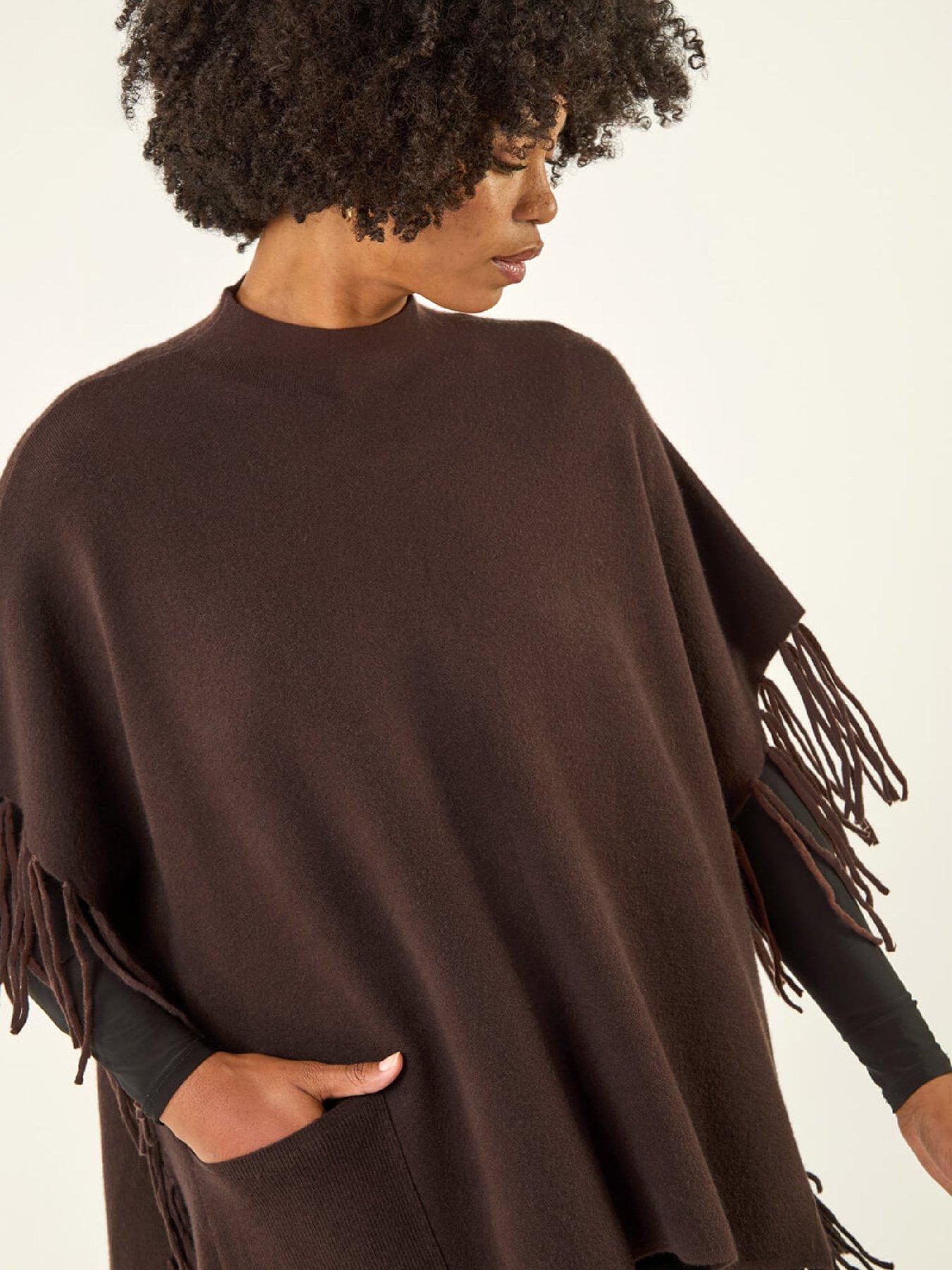 Image 4 of 5 of Roman Fringe Hem Knit Poncho - Chocolate