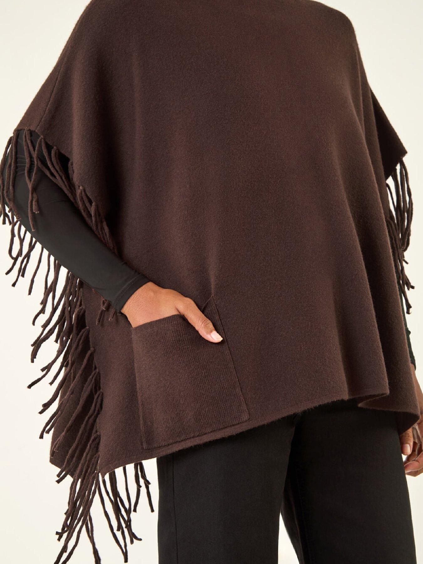 Image 5 of 5 of Roman Fringe Hem Knit Poncho - Chocolate