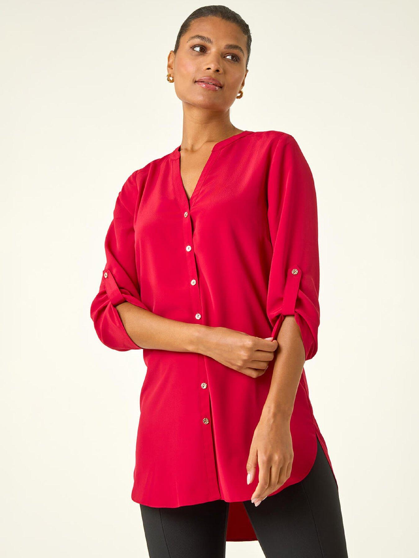 Roman Notch Neck Longline Blouse - Red