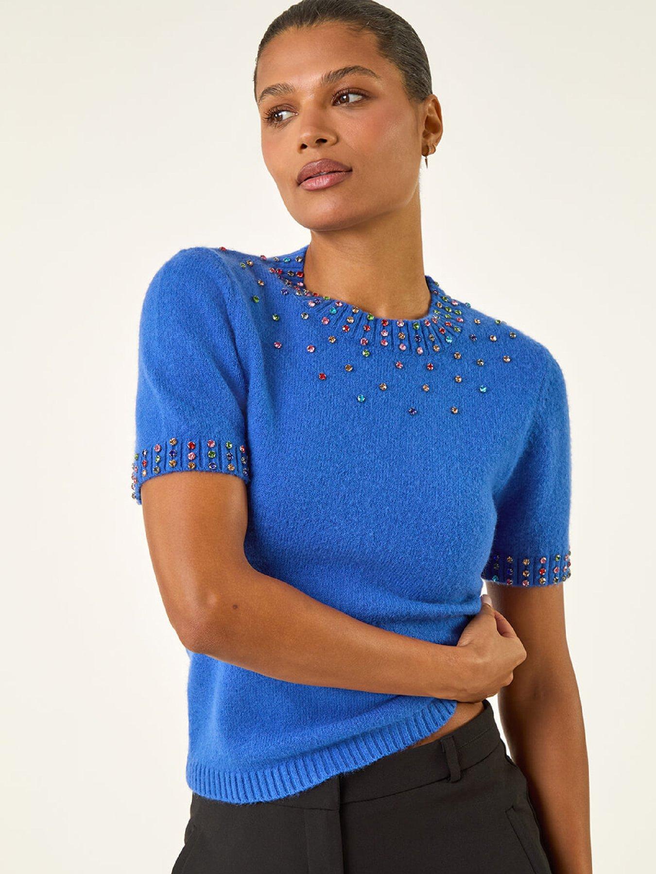 Roman Embellished Neck Knitted Top - Royal Blue