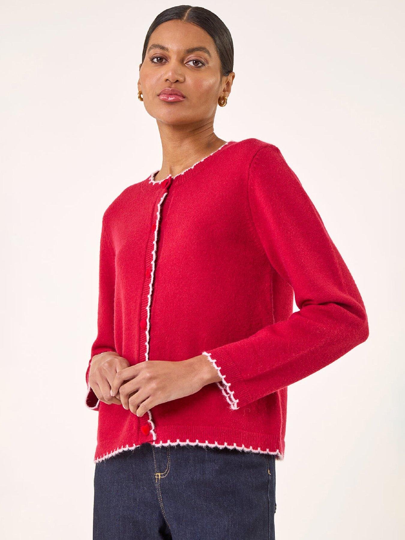 Roman Heart Button Scallop Edge Cardigan - Red
