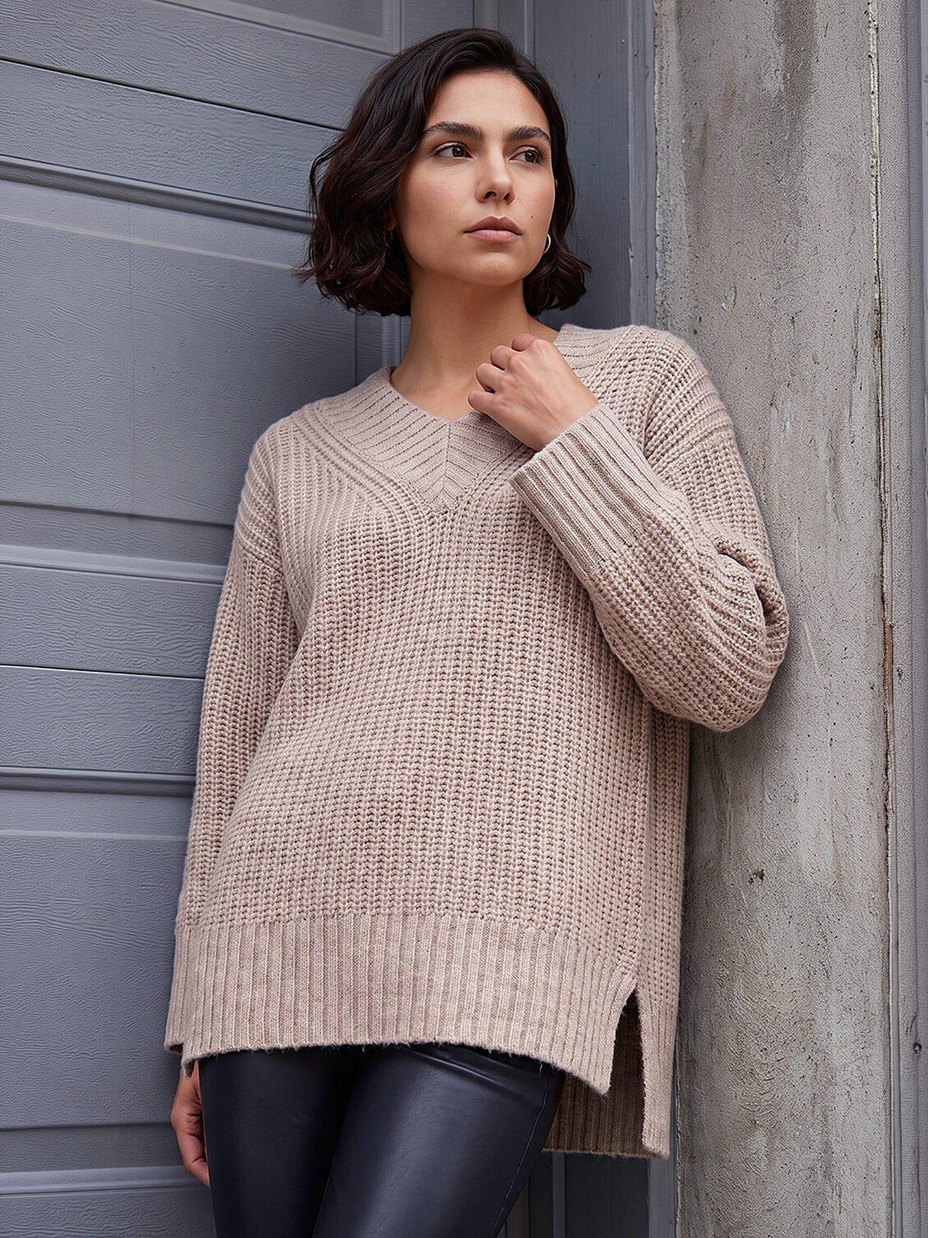 roman-chunky-v-neck-knit-jumper-beige