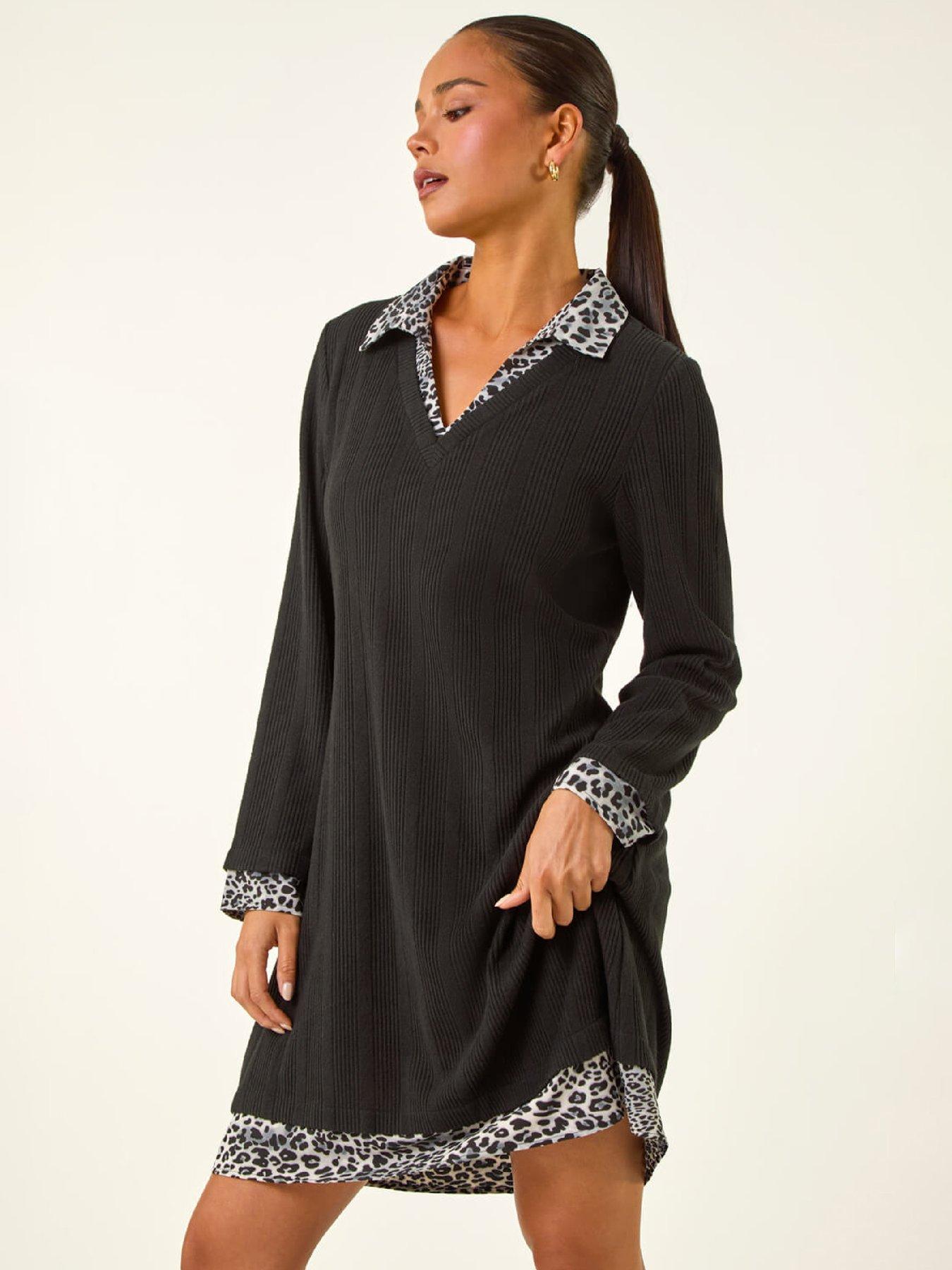 Roman Petite Leopard Collar Knit Dress - Black