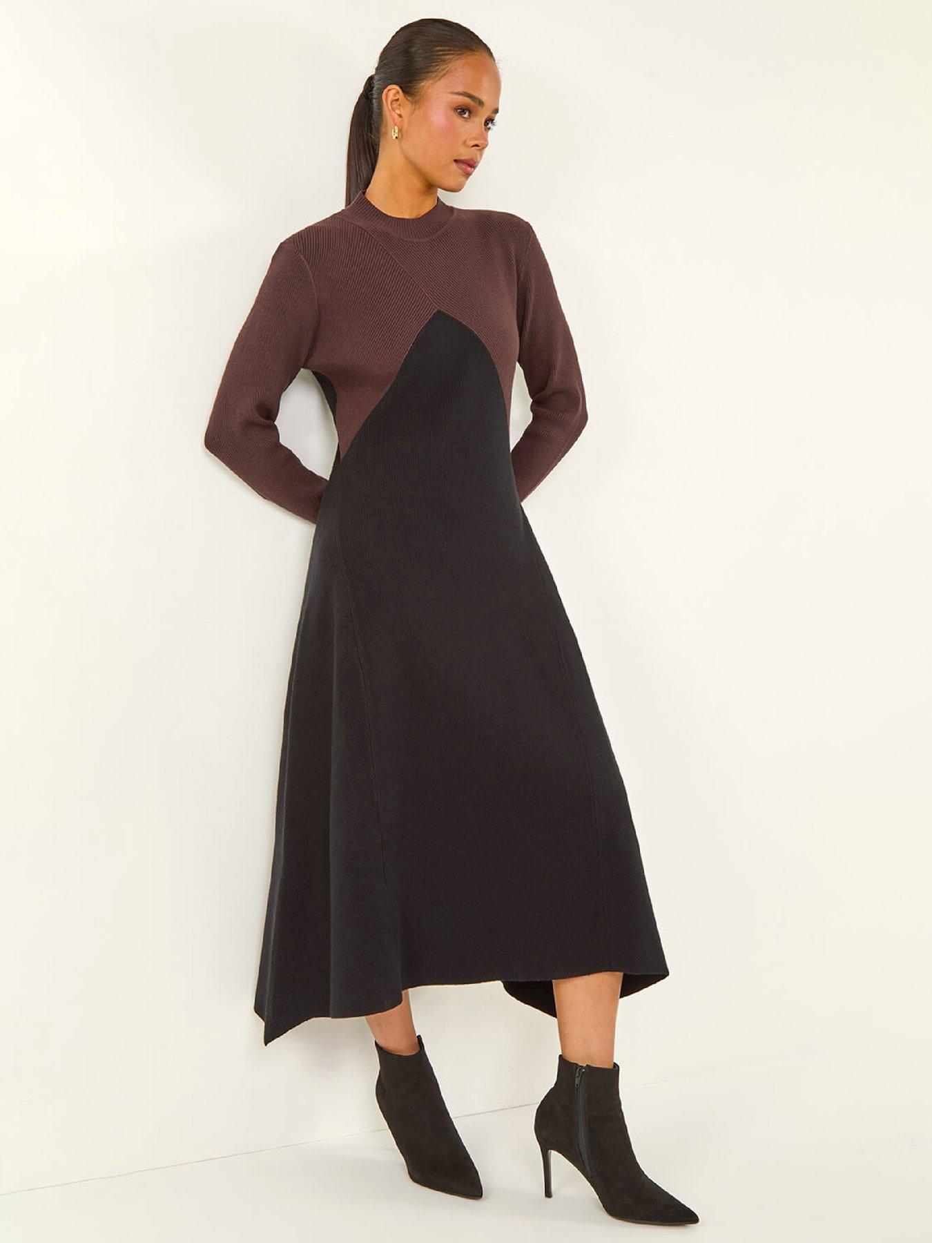 roman-petite-contrast-knit-midi-dress-blackfront