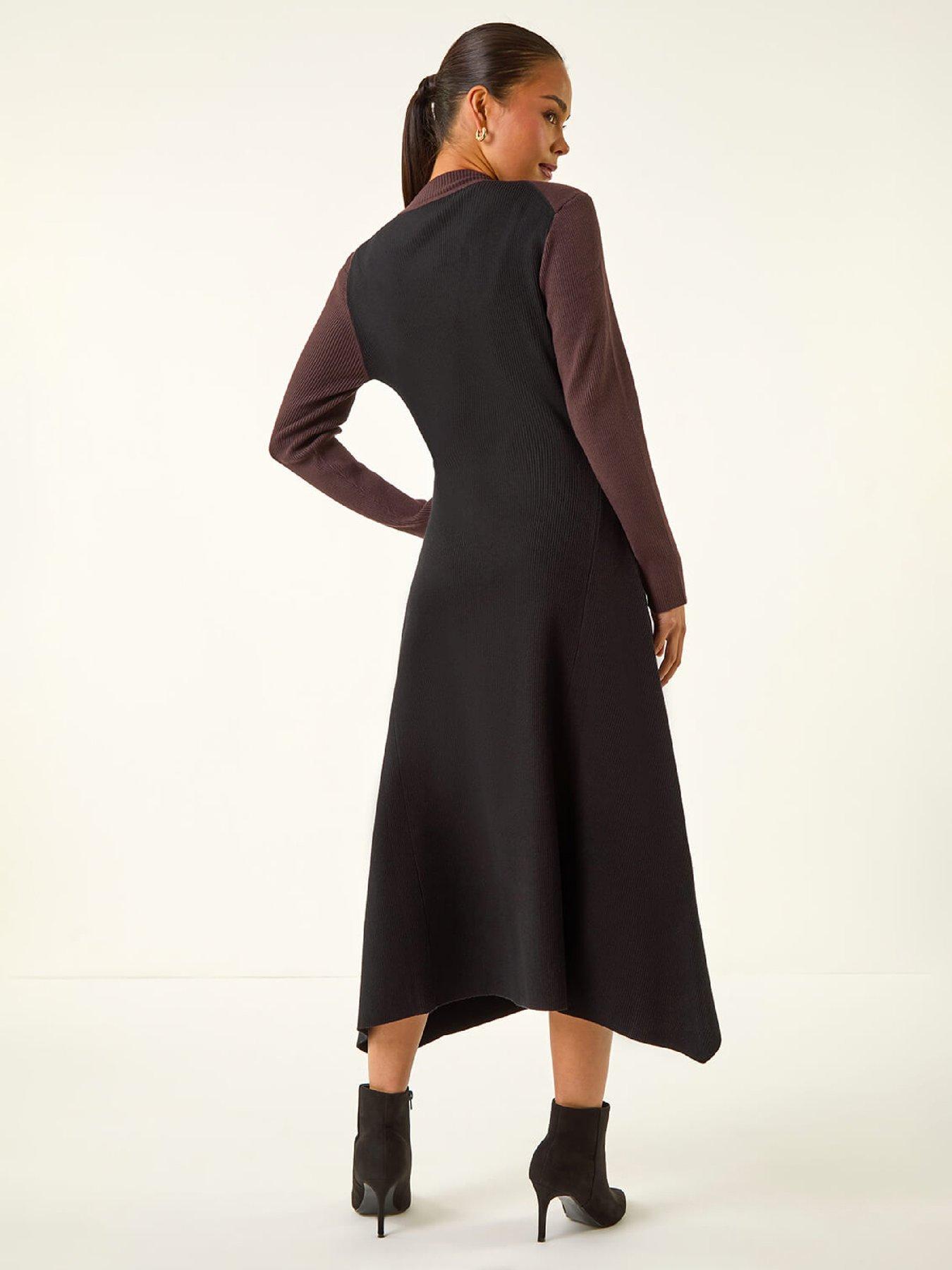 roman-petite-contrast-knit-midi-dress-blackstillFront