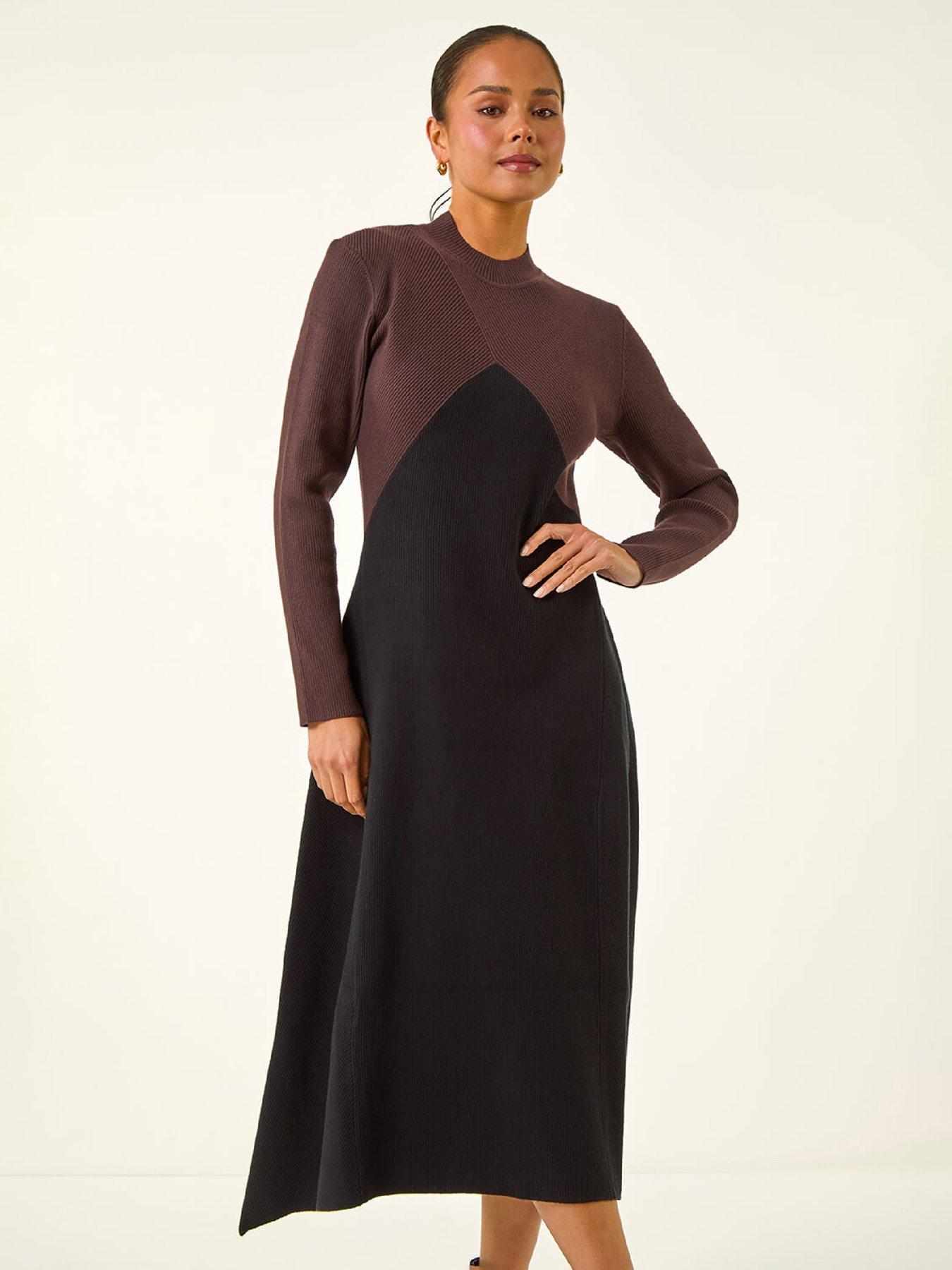 roman-petite-contrast-knit-midi-dress-blackback