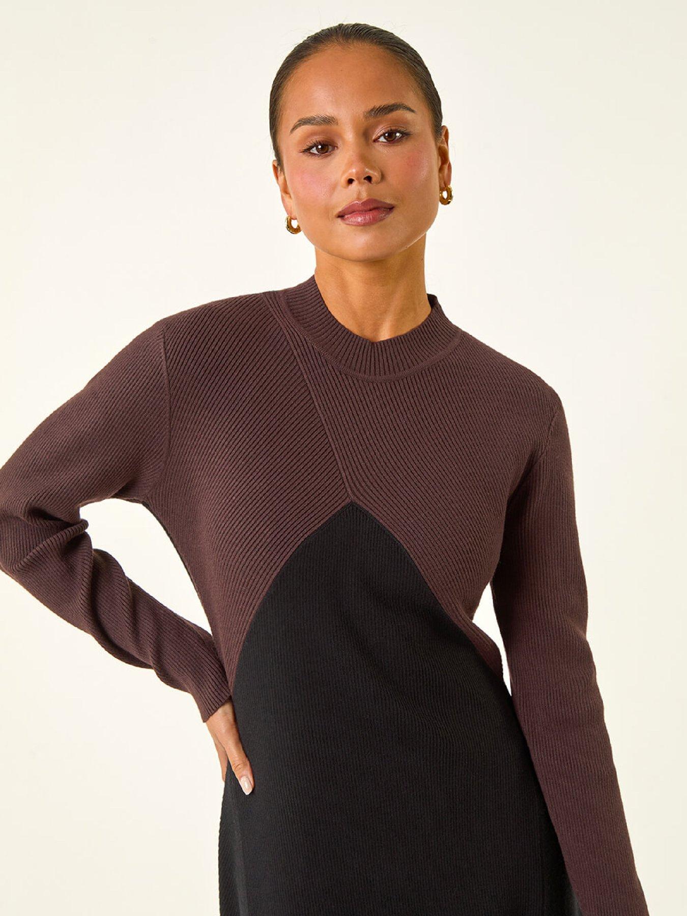 roman-petite-contrast-knit-midi-dress-blackoutfit