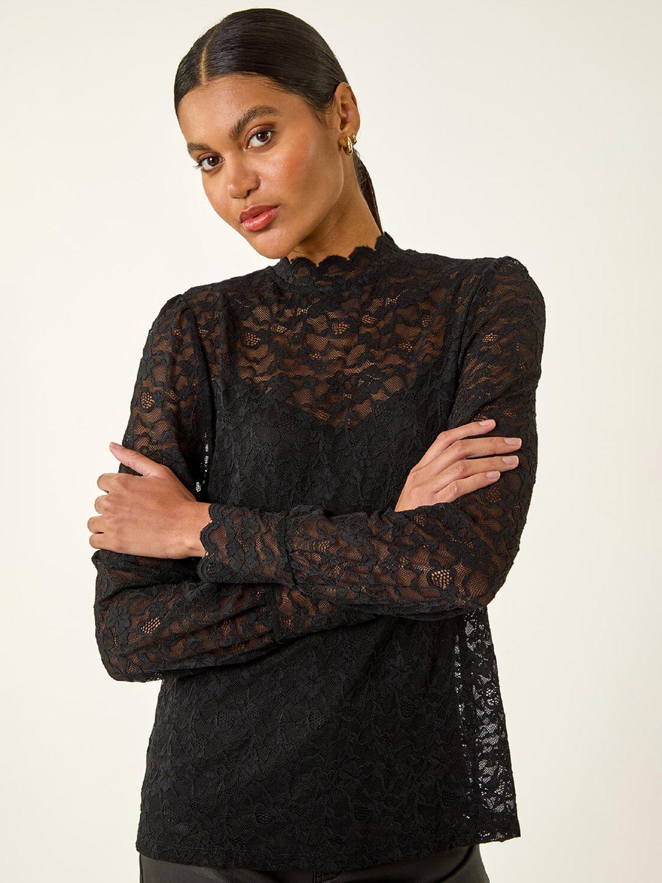 Roman Lace Frill High Neck Stretch Top - Black
