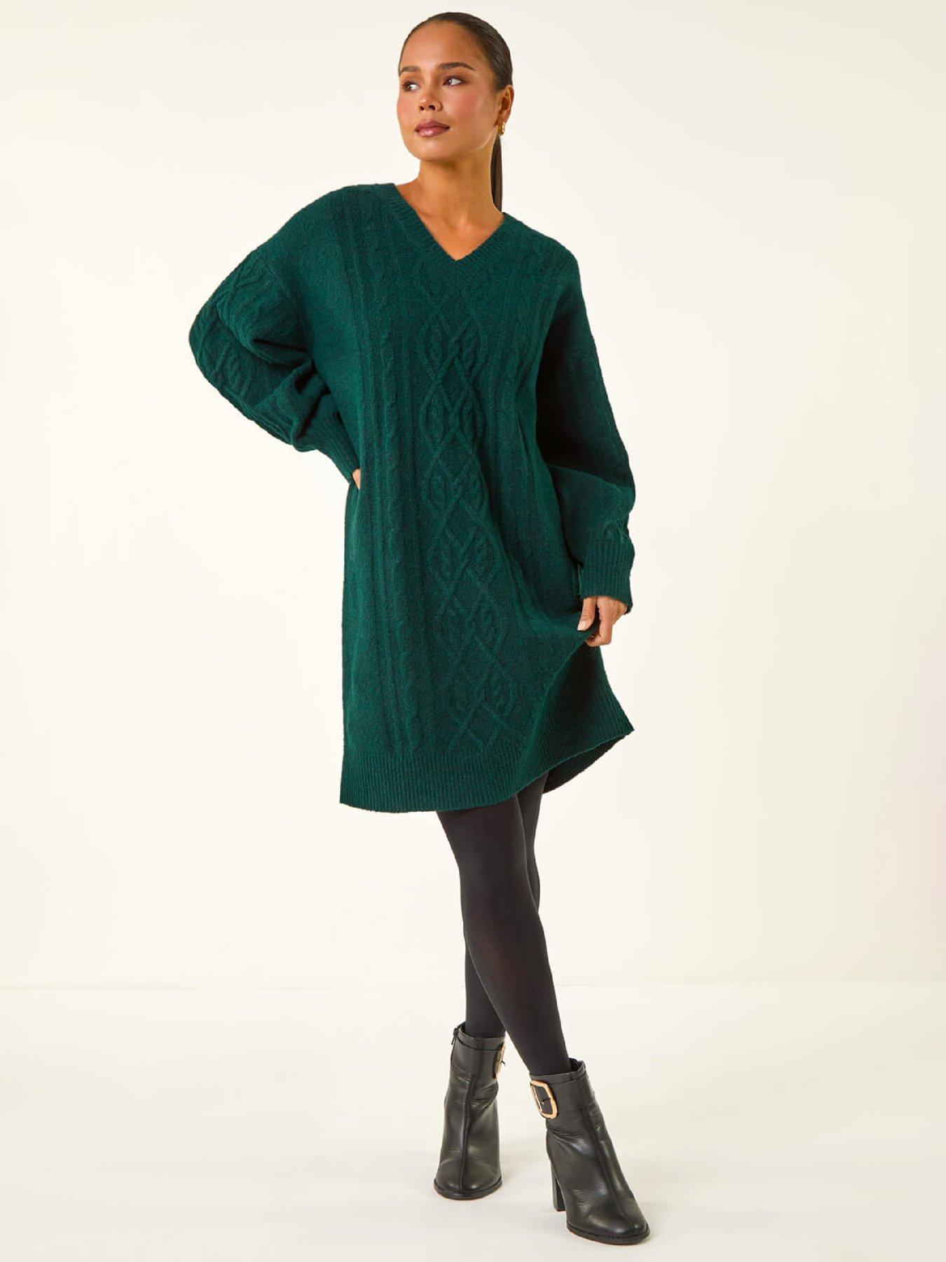 Roman Petite Cable Knit Shift Dress - Dark Green