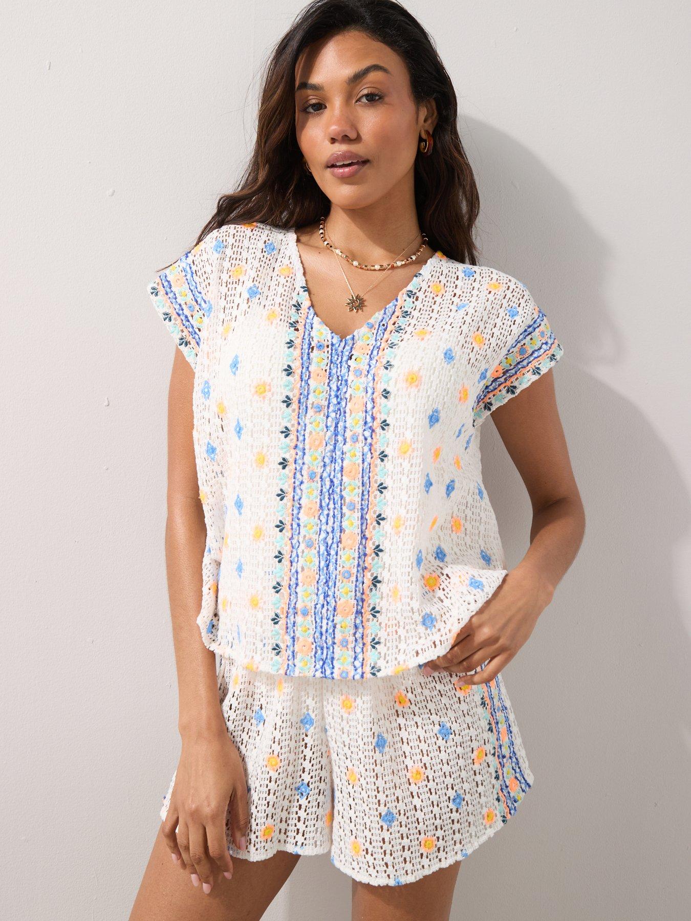 Image 1 of 6 of The Very Collection Crochet Embroidered Beach Co Ord Shorts