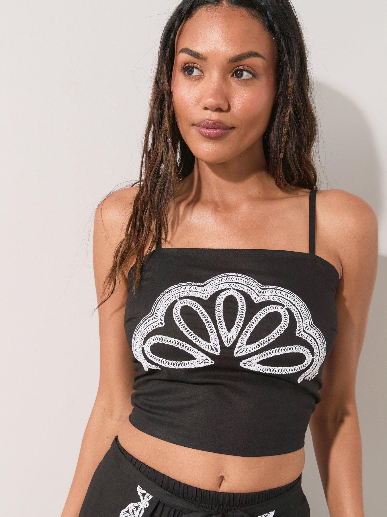 The Very Collection Embroidered Tie Back Cami Beach Co Ord - Black