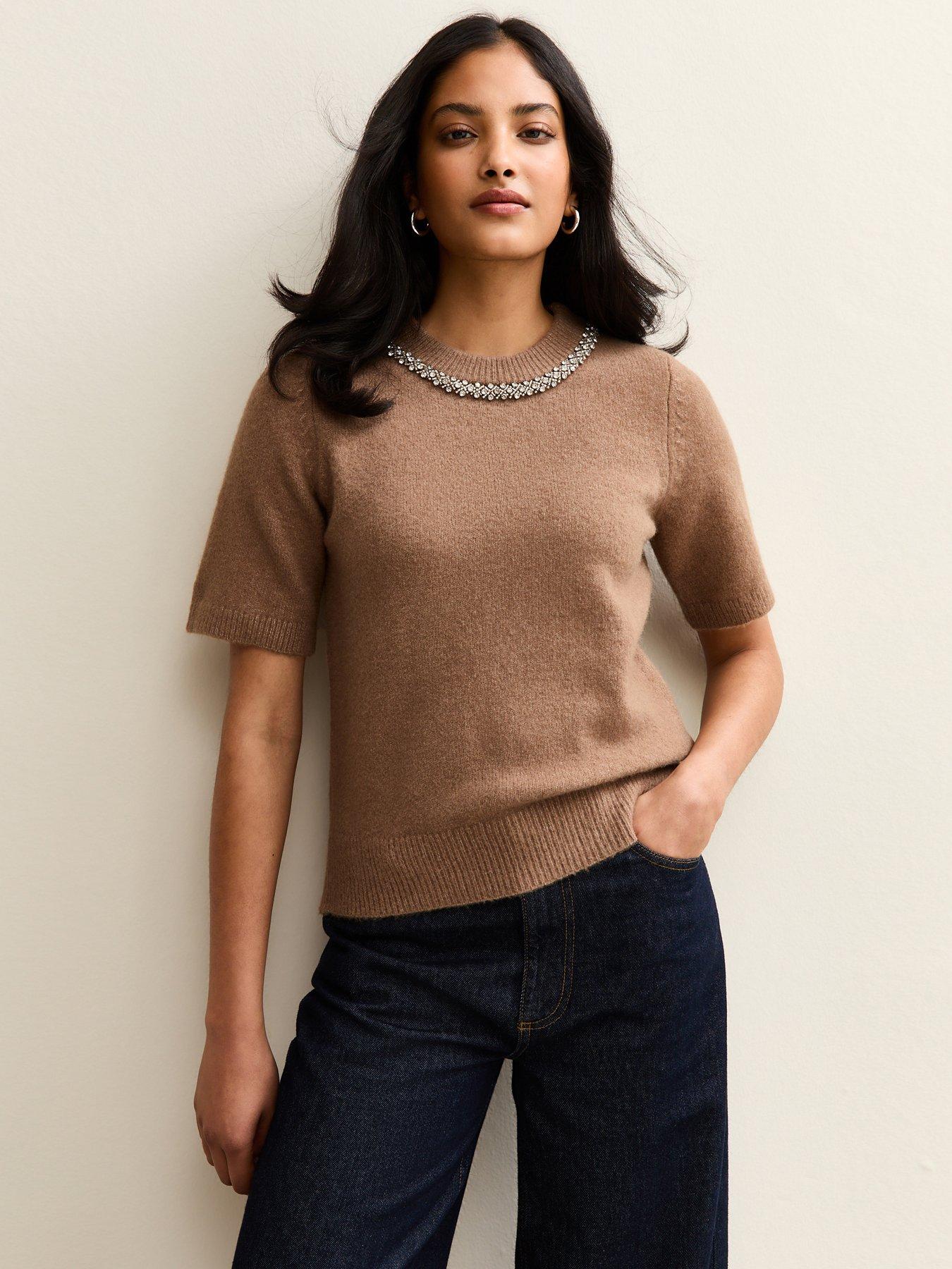 new-look-camel-embellished-neck-short-sleeve-top