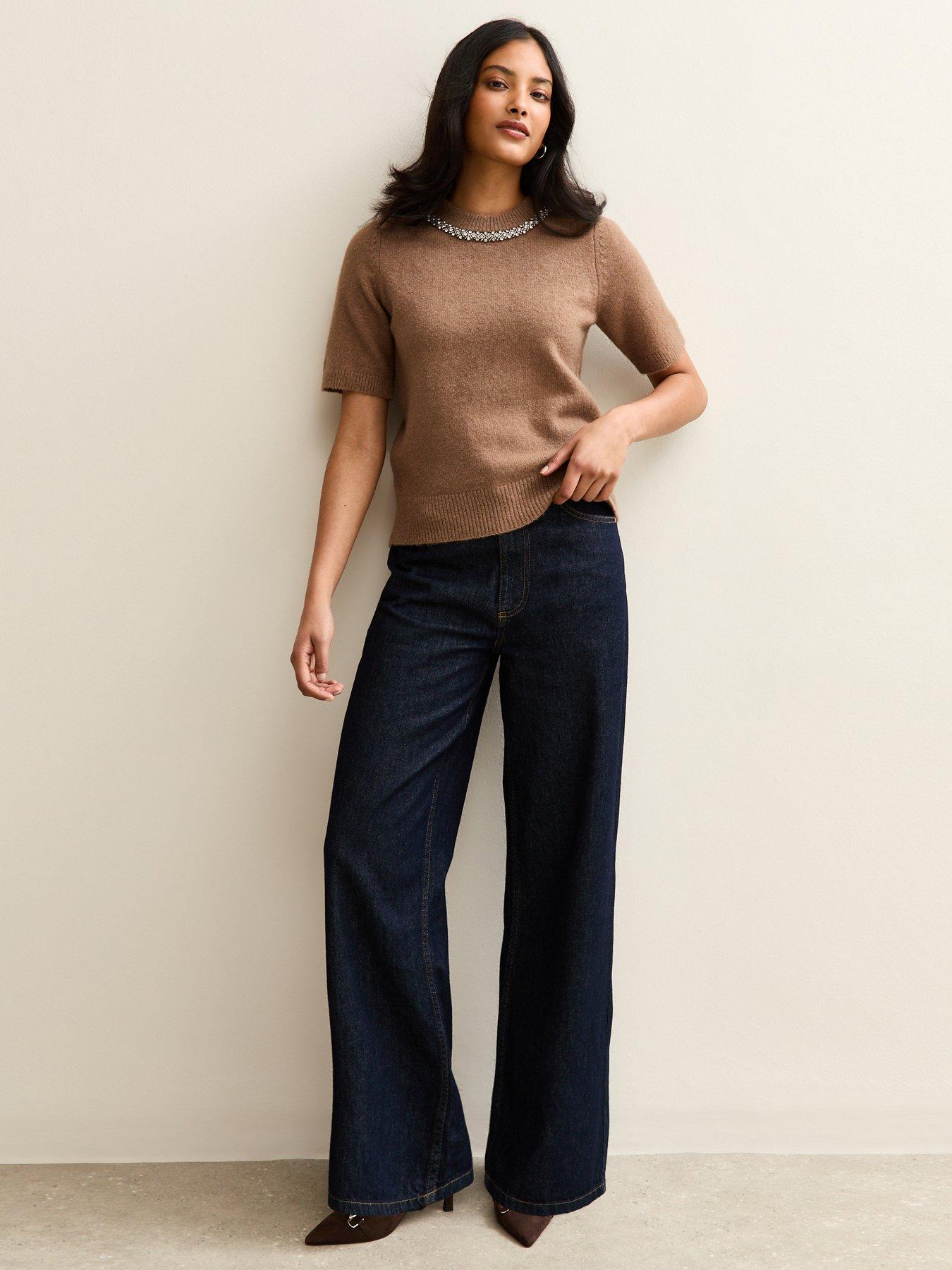 new-look-camel-embellished-neck-short-sleeve-topback