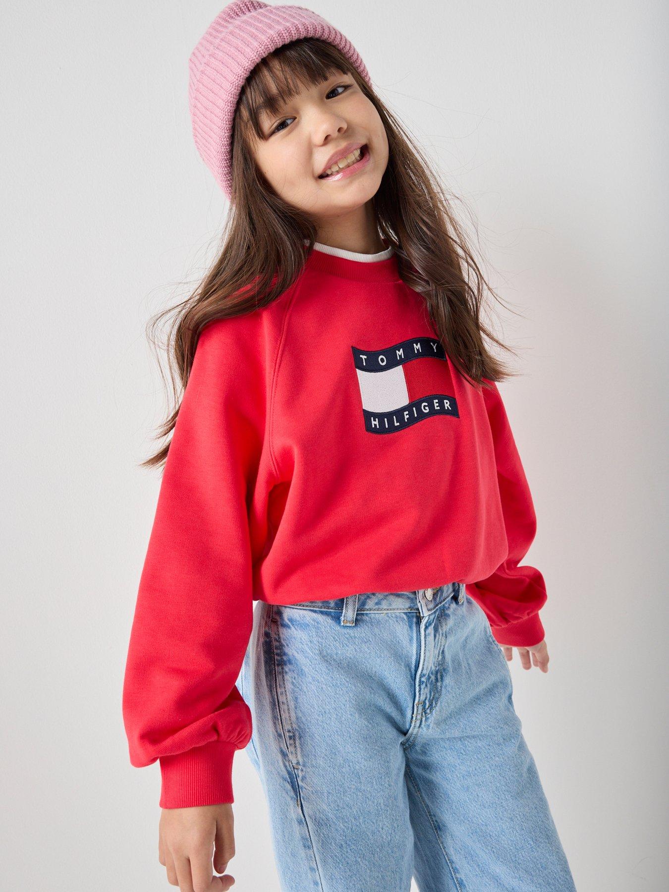 Tommy Hilfiger Girls Wave Flag Crew Neck Sweatshirt - Red