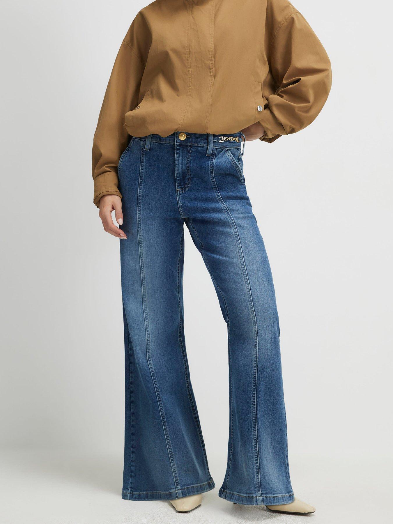 Image 1 of 2 of River Island Petite High Rise Wide Snaffle Flare Jeans - Blue