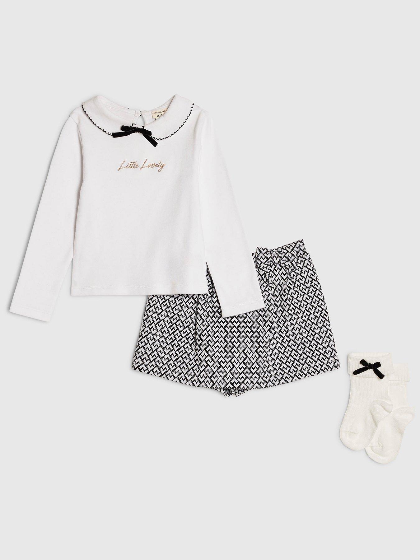 Image 1 of 5 of River Island Mini Girls Little Lovely Bow Top Set - White