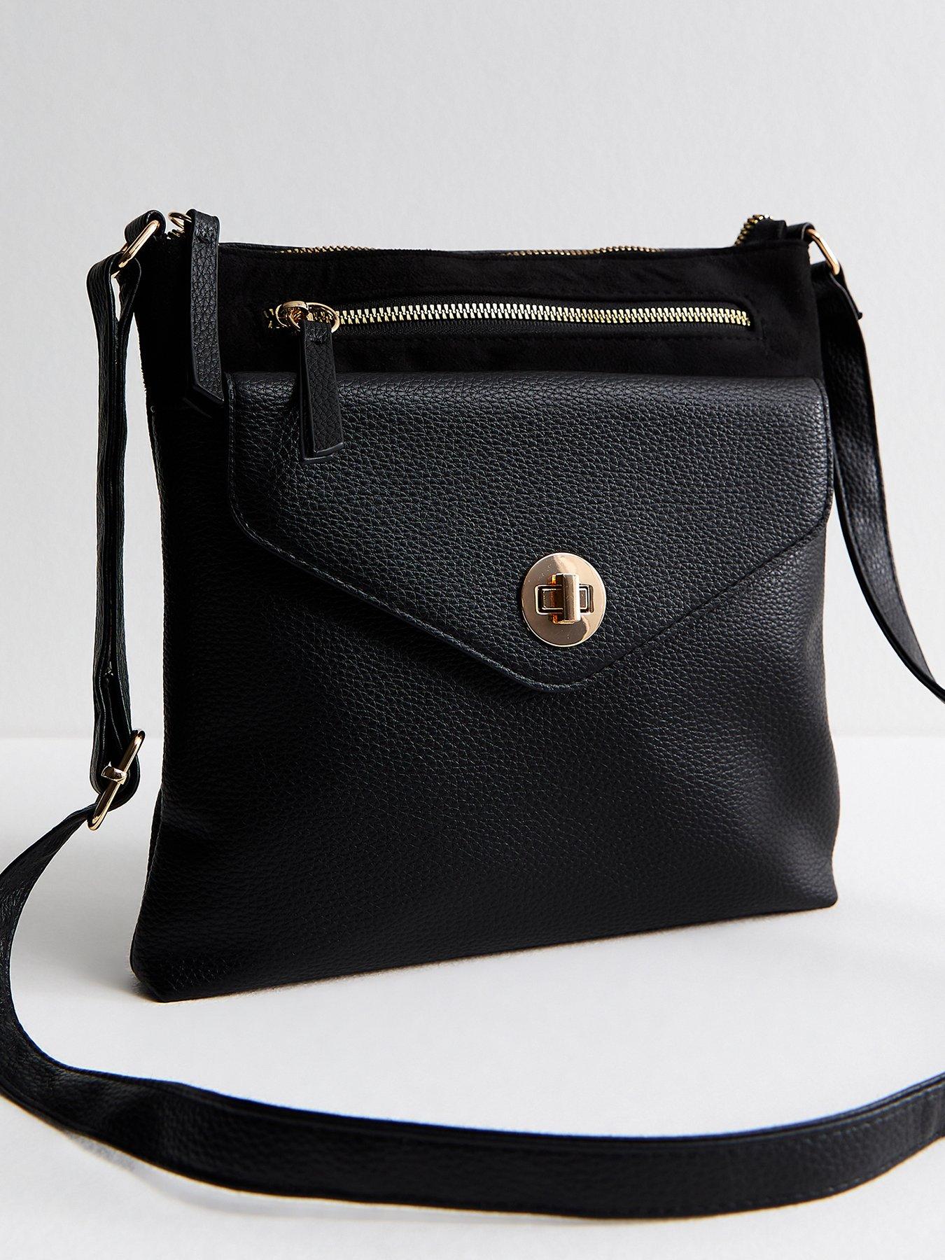 New Look Grained Faux Leather Pocket Messenger Bag - Black