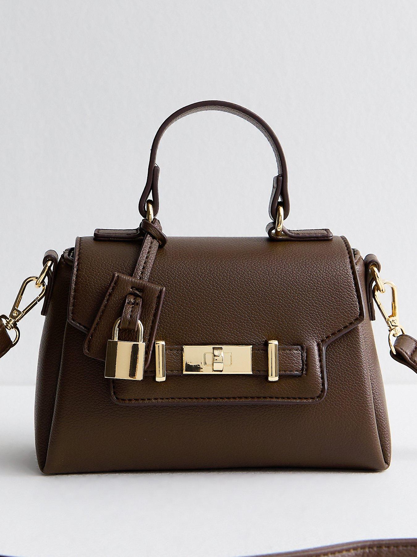 New Look Dark Brown Mini Faux Leather Turn Lock Crossbody Bag