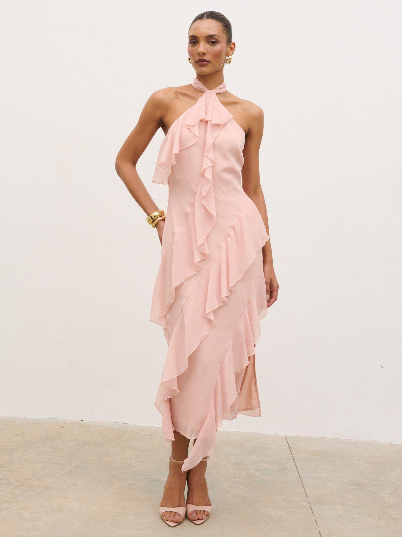 Pretty Lavish Aria Halterneck Ruffle Midaxi Dress - Pink
